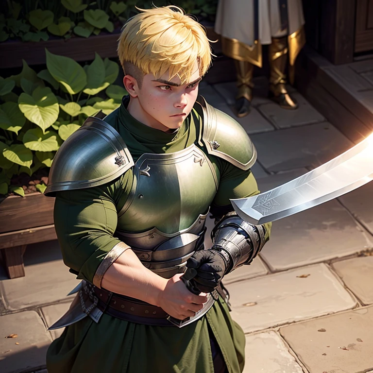 Very strong bulky teen warrior, wearing dark green tunic with some armor plates, blond hair with short taper haircut, gentle eyes, holding with one hand a giant wide long blade sword, using magic that creates plants from the floor