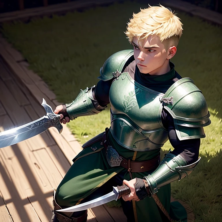 Very strong bulky warrior, wearing dark green tunic with some armor plates, blond hair with short taper haircut, gentle eyes, holding with one hand a giant wide long blade sword, using magic that creates plants from the floor