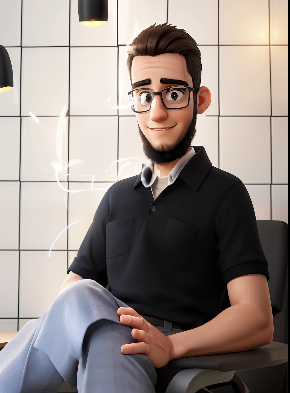 A young 28-year-old businessman sitting in his chair, illuminated by the light of a light fixture on your left, behind a background with black metal tiles and a logo with the letter R.