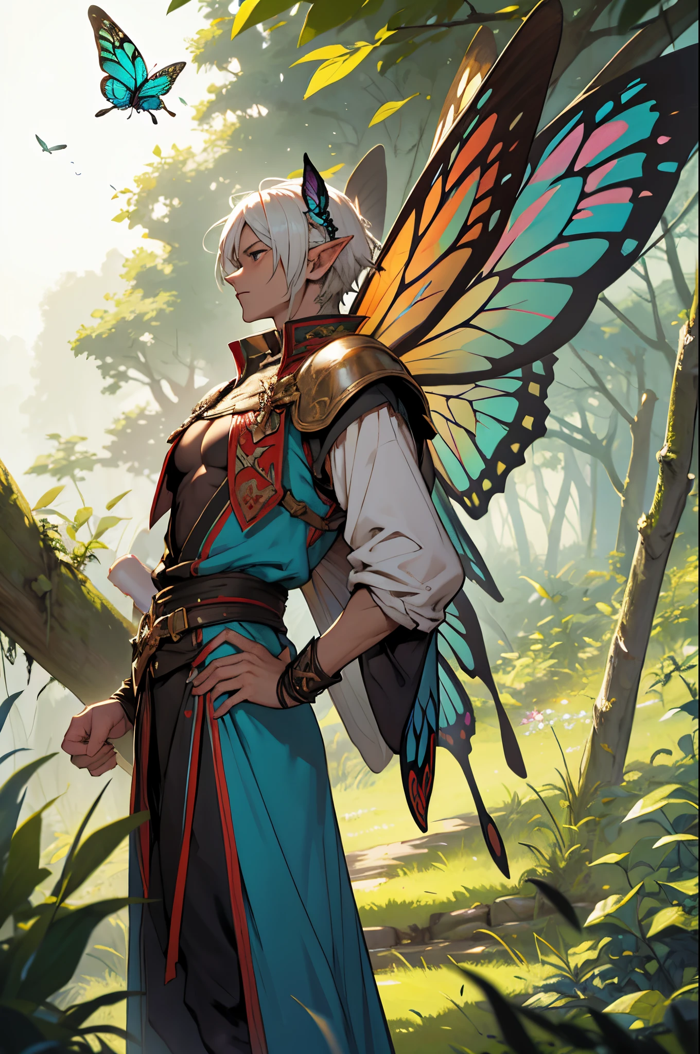 beste-Qualit, tmasterpiece, extra high resolution, Detailed background, realisti, 独奏, ember, humanoid, faeries look like Little Elves with Insect Wings, Flying on the wings of a butterfly, butterfly wings, in full height, Flies, faery, Little, Flies, Medieval Pathfinder Outfit, Pathfinder's Outfit ,Butterfly wings grow out of the back, chaotic–neutral, Male gender, Horror \(subject\),ダークファンタジー, Good Guy , Depth of field.