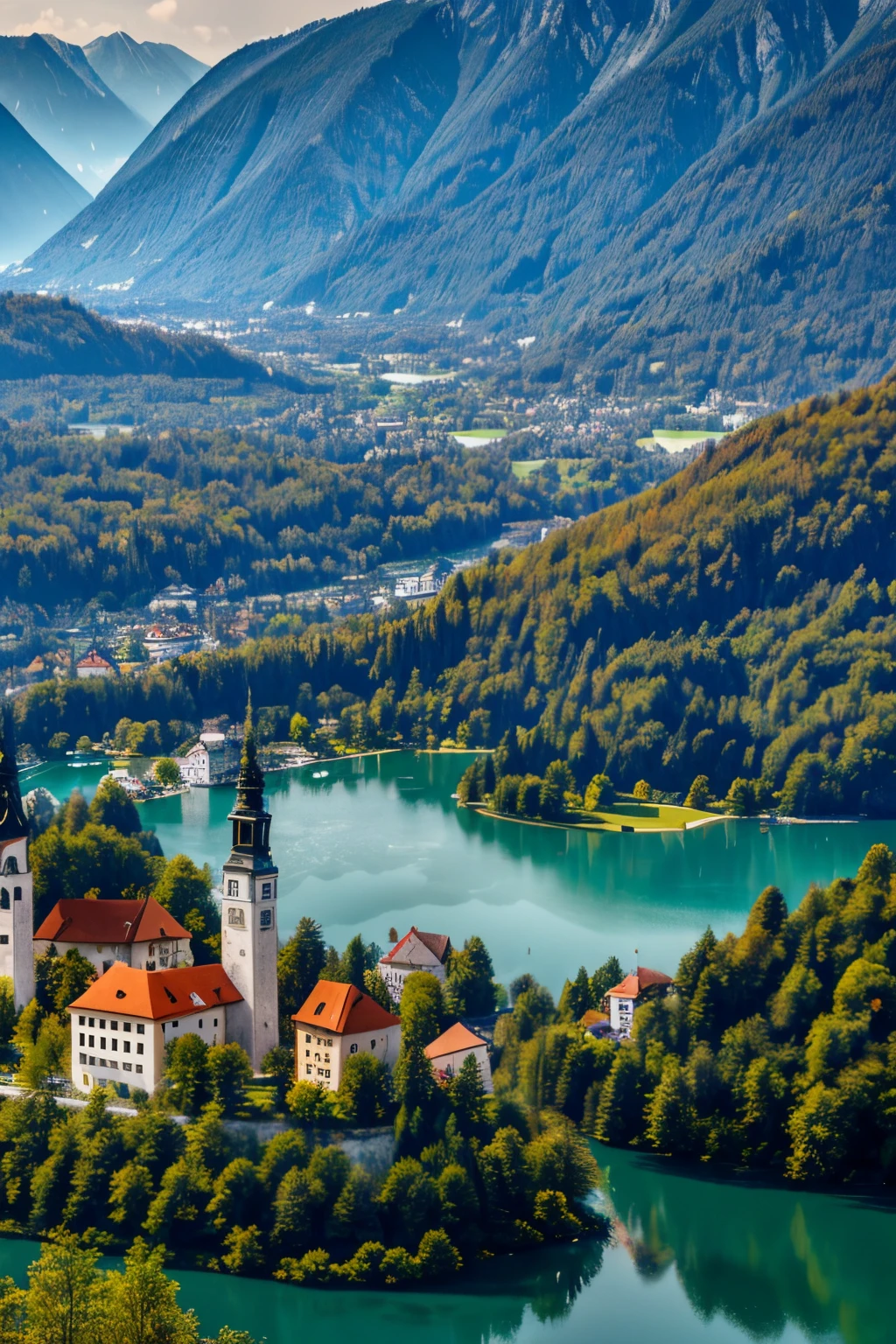 Slovenia lake bled landscape, Outside the coastal area, its terrain consists largely of karstic plateaus and ridges, magnificently precipitous Alpine peaks, Highly detailed,, inspired by the style of Ken Duncan well known as the pioneer of landscape, in making use of dodging and burning to edit a landscape image