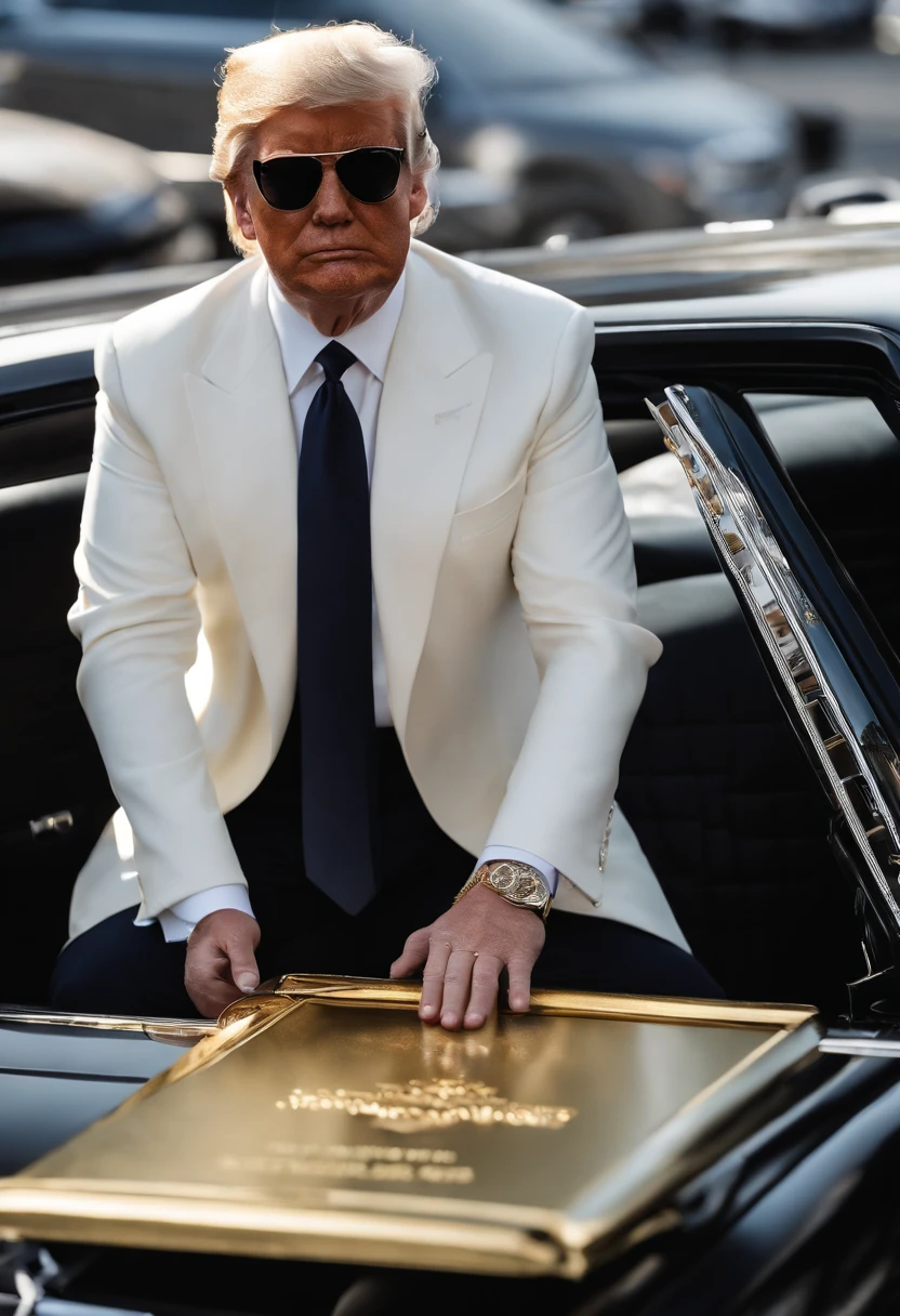 A photo of the user wearing a Tom Ford suit and sunglasses while holding a copy of 'The Art of the Deal',original,Donald Trump is looking crazy good, handsome ass bro, always in a black car. Has drip. Diamond chains. Gold crown., male
