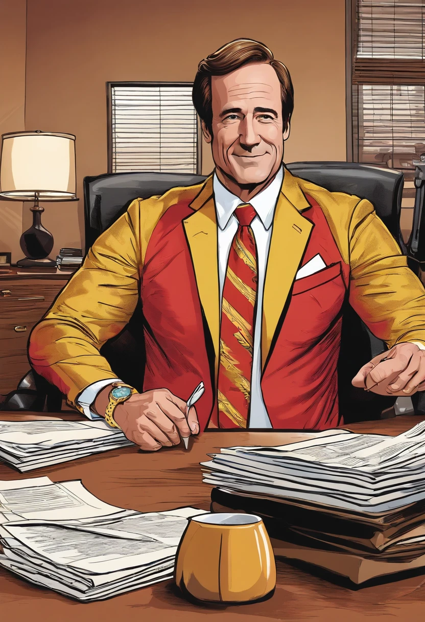 A selfie of Saul Goodman sitting at his desk, surrounded by legal documents and giving a thumbs up,Breaking Bad,Saul Goodman’s appearance is as loud and attention-grabbing as his personality. He typically sports brightly colored suits, often in shades of red or yellow, paired with flashy ties, reflecting his over-the-top persona., male