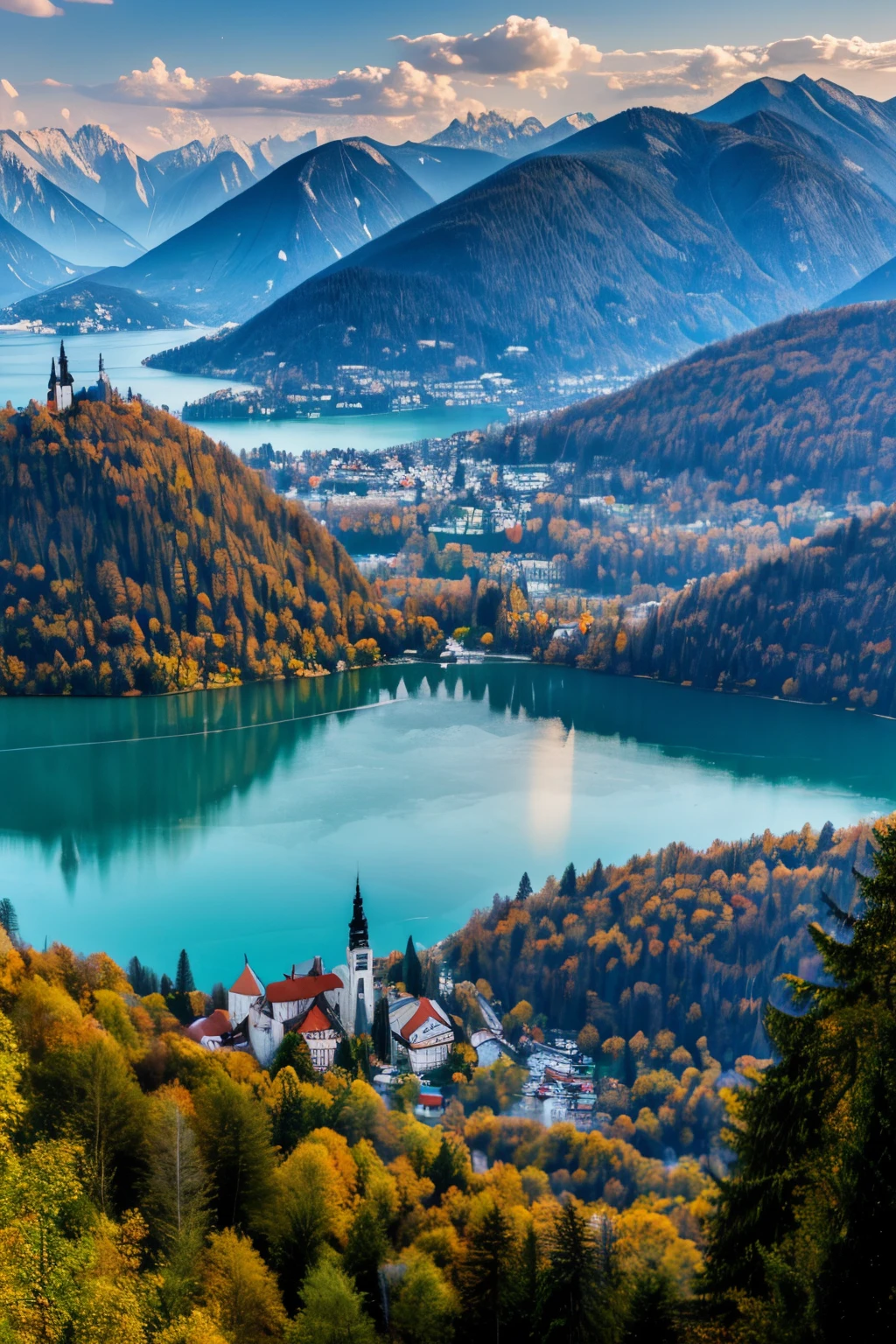 Slovenia lake bled landscape, Outside the coastal area, its terrain consists largely of karstic plateaus and ridges, magnificently precipitous Alpine peaks, Highly detailed, in making use of dodging and burning to edit a landscape image