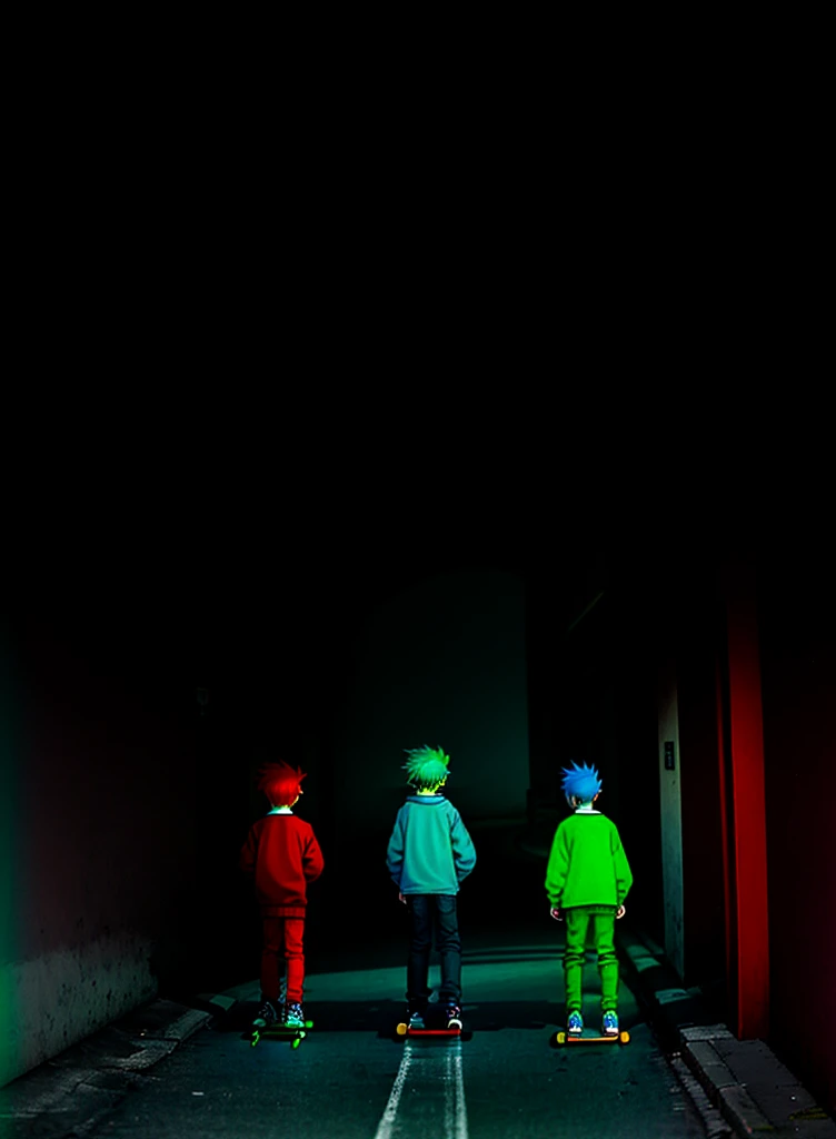an imperfect hand-drawn digital illustration of three boys with blue, green and red coloured hair on the streets with skateboards, pov
