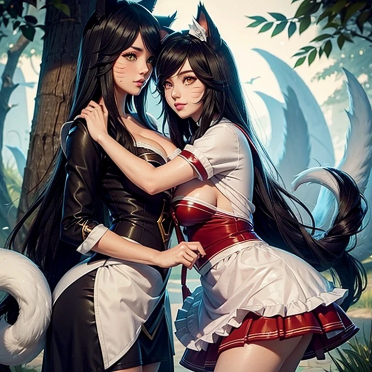 Ahri hugs a stuffed penguin ,LoL, League of legends ,Adult woman, Fox tails, Fox ears, Dark Hair, Pale skin tone, maid hat, maid apron, blushing, somewhere in nature, outside