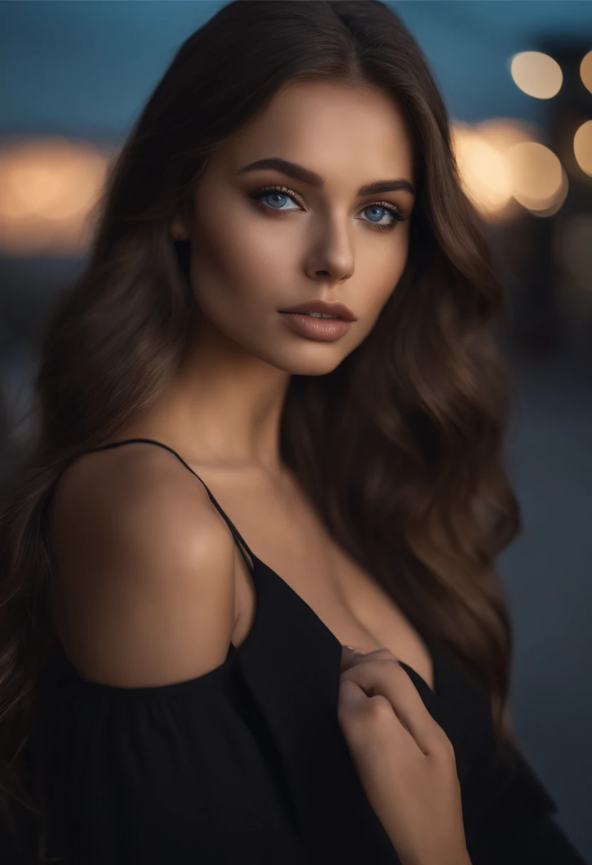 Latino and Swedish Woman, sexy girl with blue eyes, ultra realist, Meticulously detailed, Portrait Sophie Mudd, brown hair and big eyes, selfie of a young woman, London background, black suite, with makeup, natural makeup, looking straight at camera , Face with Artgram, Subtle makeup, Great photo of the whole body the street, in the London, Medium to large bust, in a sexy dress outfit, standing on London park