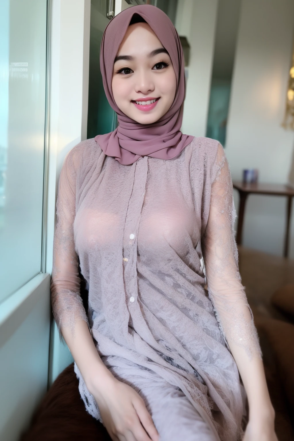 matured malay woman in hijab wearing  satin lace white color pajamas portrait photography, mid shot photo, ultra detail, professional photograph with professional lighting, smile, light blue studio background,  seducing pose, slim and slanders, ((:1.1)),