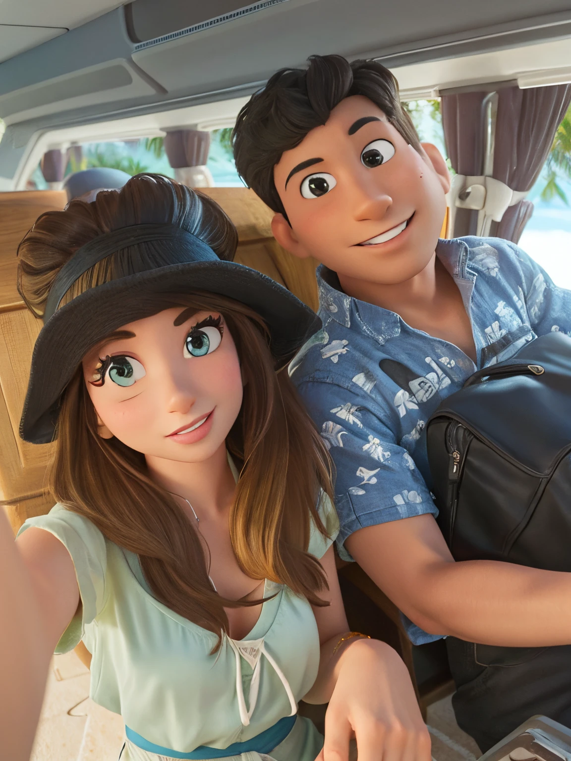 Mix race couple on vacation in Disney Pixar style