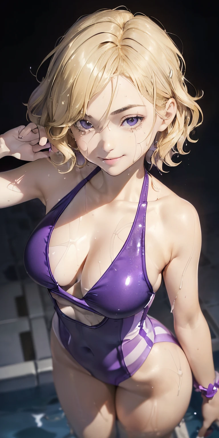 ((((Close-up angle from above))))-yeld gi 独奏,( ((Breasts enlarged)))、((((A slight smil,)))) (((Cleavage emphasis、)))((((wearing a purple and white swimsuit、))))Versatile poses、((hair bunches))、A masterpiece with sexy wet hair, top-quality, realisitic, ultra-detailliert, (shinny skin, Sweating: 1.4), looking at viewert,((((Blonde short wavy hair))))((((brue eyes, ))))slender, dynamic light and shadow, hight resolution, foco nítido, depth of fields, Narrow-eyed, Sharp pupils, Realistic pupils, (breasts are small: 1.6), (Thigh thickness: 1.0), Indoor pool
