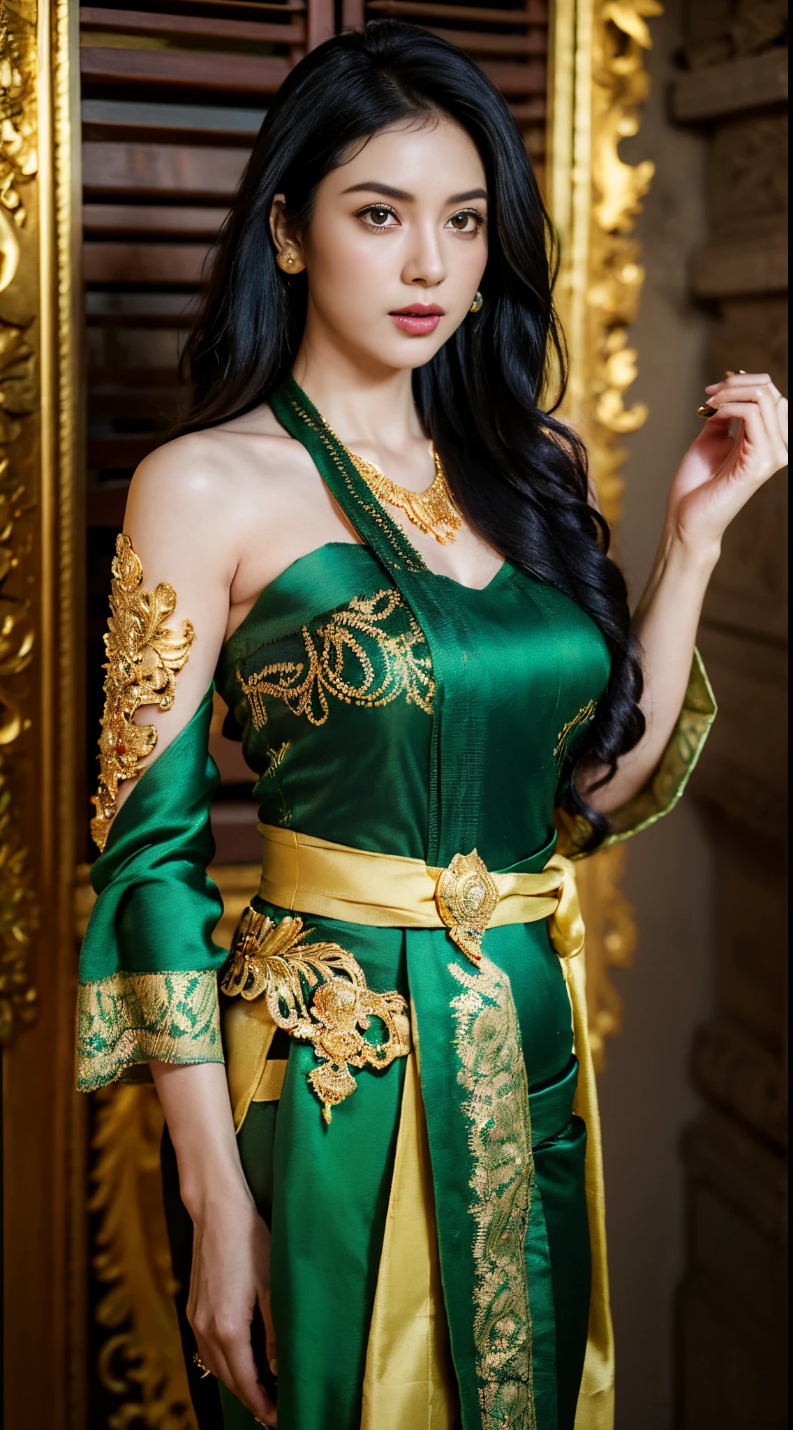 Photorealistic Production, (One Person), (Realistic Image of a 25 Years Old British Female Model), (Shoulder-level Wavy Black Hair:1.6), (Athletic Body Builds:1.4), (Pale Skin:1.4), (Wearing a Green Ornated Kebaya Dress with Silk Cloth and Golden Jeweleries:1.6), (Serious Face), (Deep Cleavage), (Elegant Pose:1.6), Centered, (Waist-up Shot:1.4), From Front Shot, Insane Details, Intricate Face Detail, Intricate Hand Details, Cinematic Shot and Lighting, Realistic Colors, Masterpiece, Sharp Focus, Ultra Detailed, Taken with DSLR camera, Realistic Photography, Depth of Field, Incredibly Realistic Environment and Scene, Master Composition and Cinematography