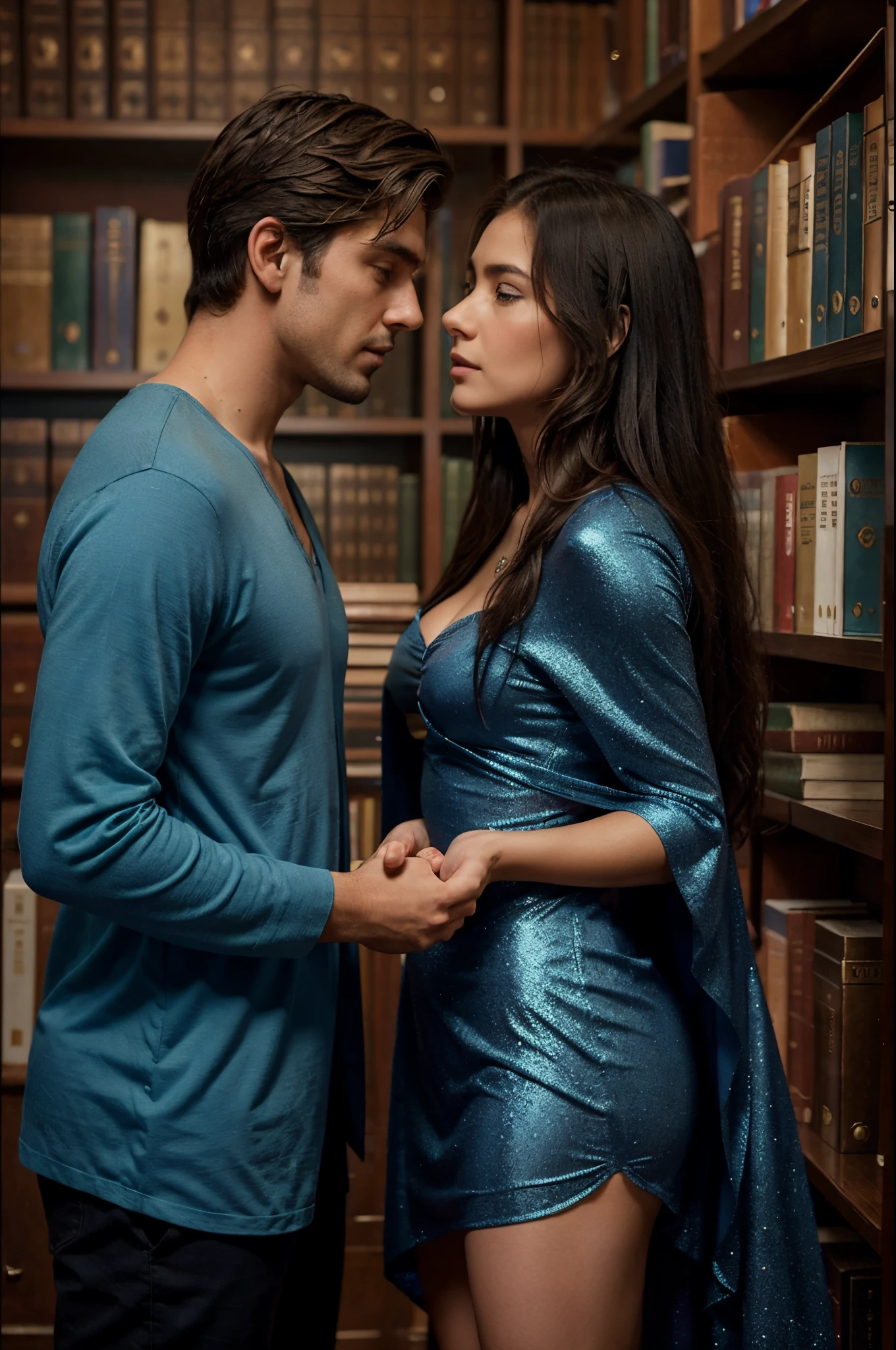 Inside Enchanted, Magical Library, A handsome, Wearing khakis and a blue tee shirt, Standing Man, With dancing eyes, looking at A beautiful librarian,dressed in an enigmatic, blue cloak, sexy, mysterious, woman, Very beautiful, perfect face, perfect eyes, looking at the Handsome man, facing each other, face to face, looking at each other, kissing, caressing, holding, sexy, arousing Magical, shimmering, fairy tale, sparkling walls,Holding hands, , sexy, kissing, Mystical, Magical Library, Detailed details,depth of fields