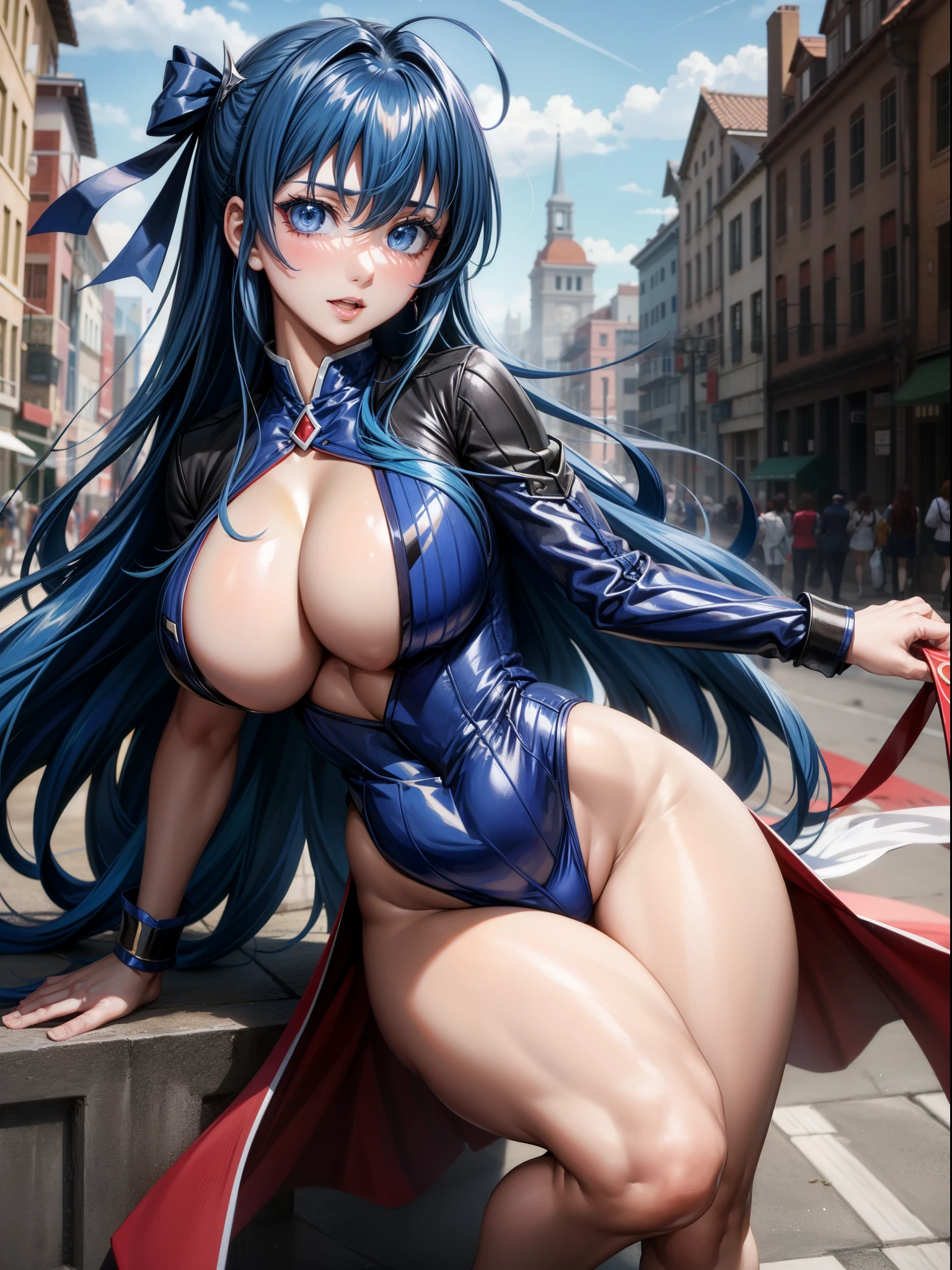 highschool dxd, rias gremory, 1girl, ((())), ojos azules, labios hinchados, labios pintados, labios gruesos, caderas anchas, muslos gruesos, Pecho grande, enorme, Escote revelador, erotic, cara de sonrisa, Trasero de burbuja, dedo del pie de camello, Pechos hitomi Tanaka, , pechos enormes, pantalones vaqueros azules, sujetador blanco, chaqueta de cuero negro, Posando, Signos con las manos,