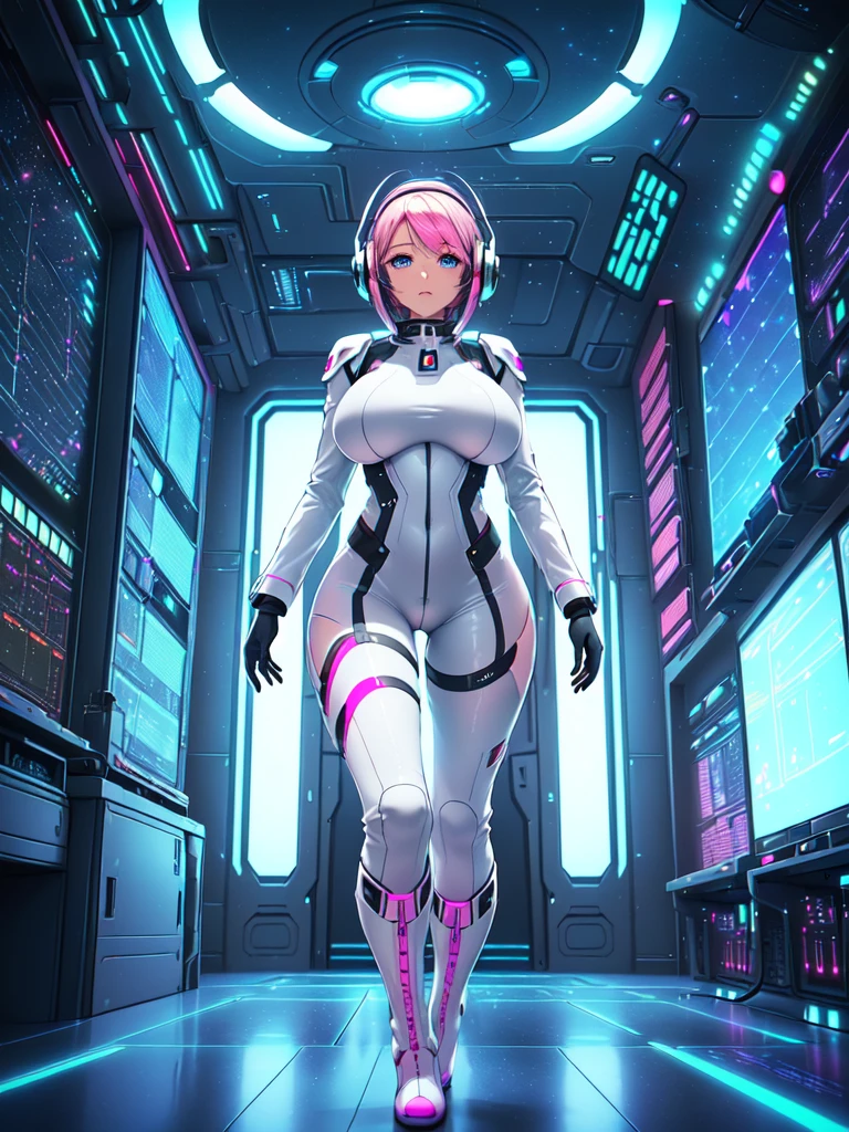 ​masterpiece:1.4, 1girl in ((20yr old, Wearing a futuristic white and silver costume, Tight Fit Bodysuit, long boots, Very gigantic-breasts, Multicolored pink hair, a short bob, Perfect model body, Blue eyes:1.2, Wearing headphones, Looking out the window of the futuristic sci-fi space station、While admiring the beautiful galaxy:1.2, SFSF control room on night background:1.1, Neon and energetic atmosphere:1.2)) ((Galaxy))