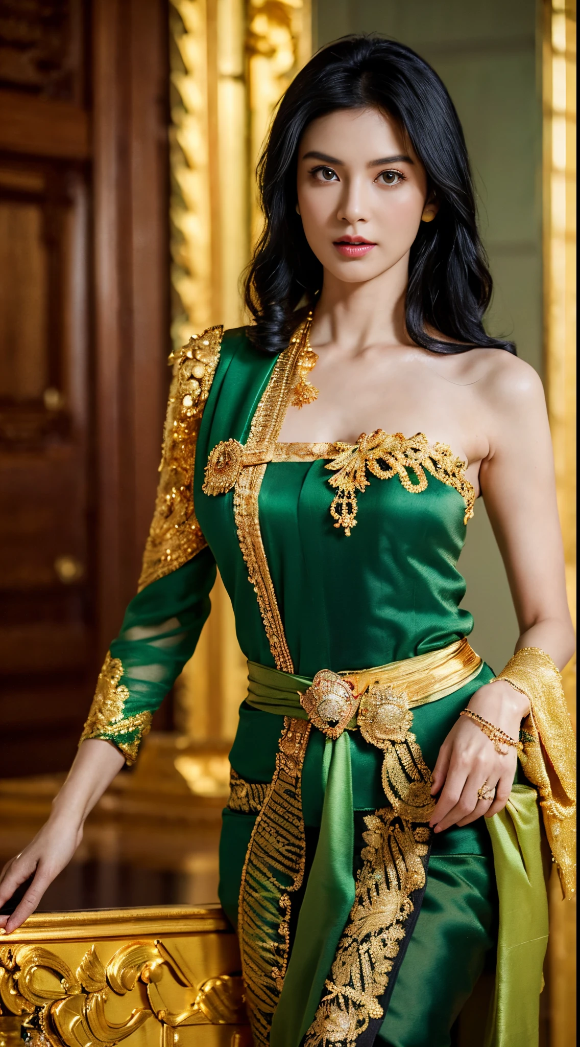 Photorealistic Production, (One Person), (Realistic Image of a 25 Years Old British Female Model), (Shoulder-level Wavy Black Hair:1.6), (Athletic Body Builds:1.4), (Pale Skin:1.4), (Wearing a Green Ornated Kebaya Dress with Silk Cloth and Golden Jeweleries:1.6), (Serious Face), (Deep Cleavage), (Elegant Pose:1.6), Centered, (Waist-up Shot:1.4), From Front Shot, Insane Details, Intricate Face Detail, Intricate Hand Details, Cinematic Shot and Lighting, Realistic Colors, Masterpiece, Sharp Focus, Ultra Detailed, Taken with DSLR camera, Realistic Photography, Depth of Field, Incredibly Realistic Environment and Scene, Master Composition and Cinematography