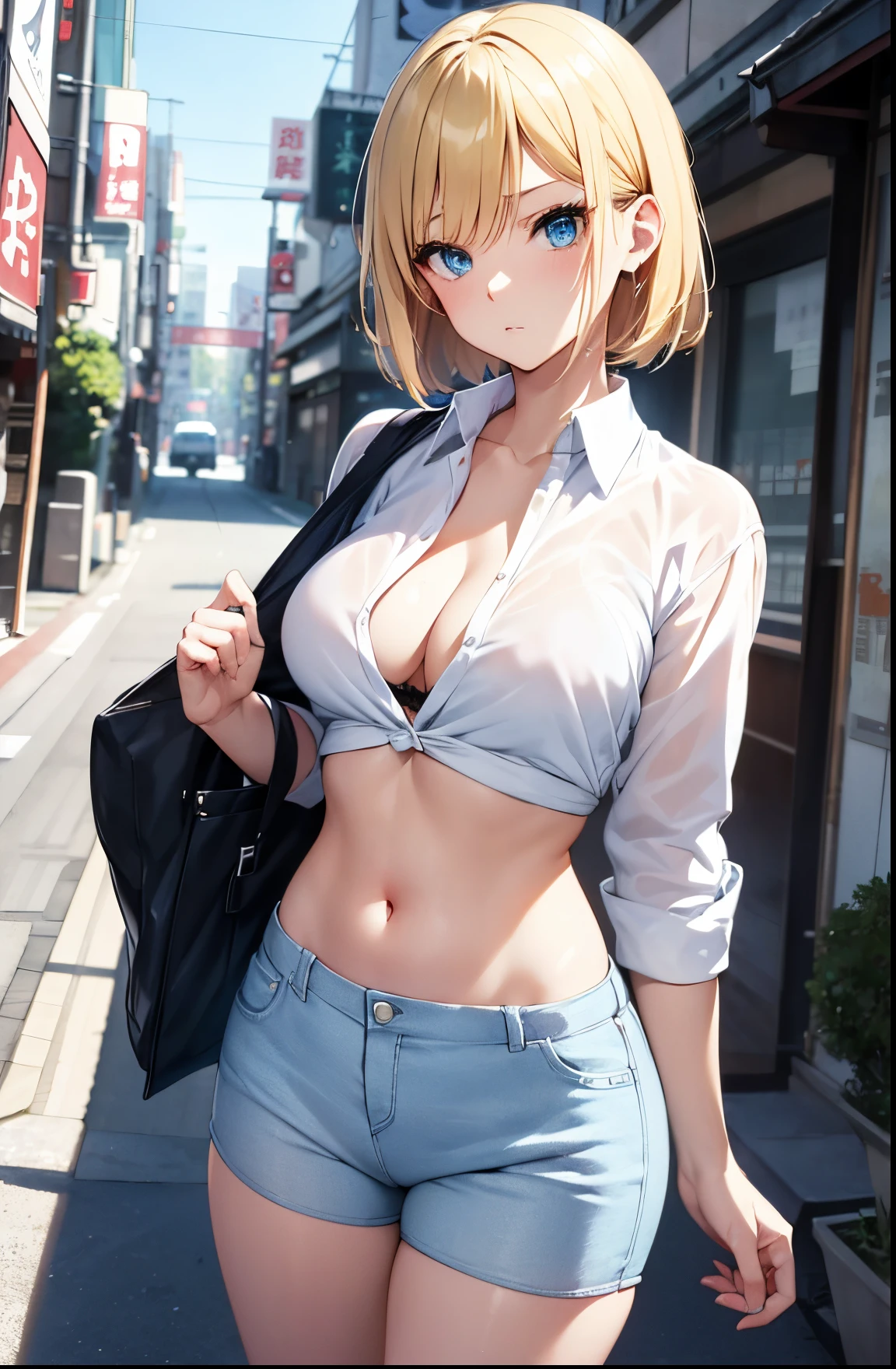 2D Anime Style、Blue eyes、Beautiful shining eyes, (Talented lo-fi:1.3),breasts are slightly larger、A cool adult woman with short blonde hair and a serious expression....、Fashion that shows off your stomach, Wearing an unbuttoned white shirt,walking through the streets of japan,