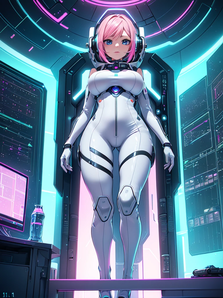 ​masterpiece:1.4, 1girl in ((20yr old, Wearing a futuristic white and silver costume, Tight Fit Bodysuit, long boots, Very gigantic-breasts, Multicolored pink hair, a short bob, Perfect model body, Blue eyes:1.2, Wearing headphones, Looking out the window of the futuristic sci-fi space station、While admiring the beautiful galaxy:1.2, SFSF control room on night background:1.1, Neon and energetic atmosphere:1.2)) ((Galaxy))