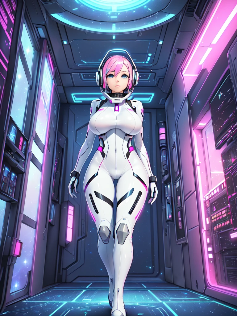 masterpiece:1.4, 1girl in ((20yr old, Wearing a futuristic white and silver costume, Tight Fit Bodysuit, long boots, Very gigantic-breasts, Multicolored pink hair, a short bob, Perfect model body, Blue eyes:1.2, Wearing headphones, Looking out the window of the futuristic sci-fi space station、While admiring the beautiful galaxy:1.2, SFSF control room on night background:1.1, Neon and energetic atmosphere:1.2)) ((Galaxy))