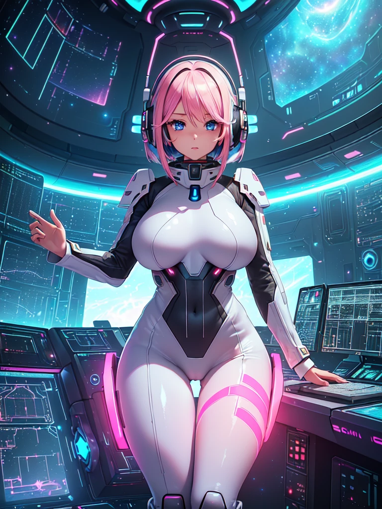 masterpiece:1.4, 1girl in ((20yr old, Wearing a futuristic white and silver costume, Tight Fit Bodysuit, long boots, Very gigantic-breasts, Multicolored pink hair, a short bob, Perfect model body, Blue eyes:1.2, Wearing headphones, Looking out the window of the futuristic sci-fi space station、While admiring the beautiful galaxy:1.2, SFSF control room on night background:1.1, Neon and energetic atmosphere:1.2)) ((Galaxy))