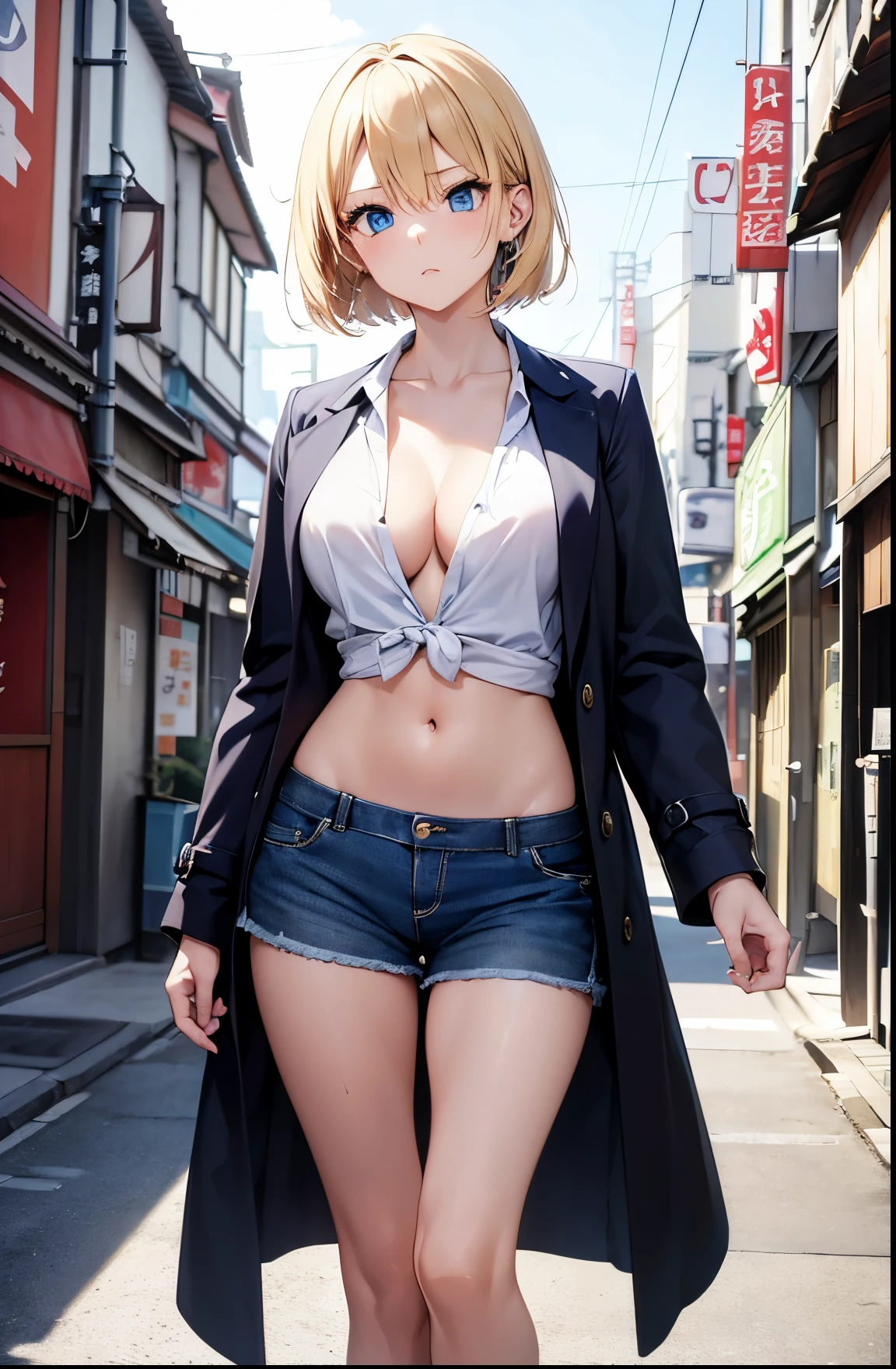 2D Anime Style、Blue eyes、Beautiful shining eyes,  (Talented lo-fi:1.3),breasts are slightly larger、A cool adult woman with short blonde hair and a serious expression....、Fashion that shows off your stomach, Wearing an unbuttoned white shirt,Wearing a coat,walking through the streets of japan,