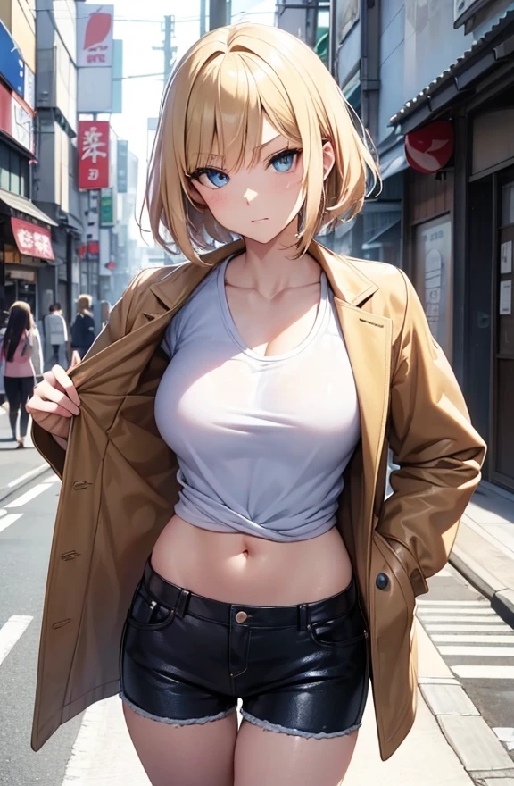 2D Anime Style、Blue eyes、Beautiful shining eyes, (Talented lo-fi:1.3),breasts are slightly larger、A cool adult woman with short blonde hair and a serious expression....、Fashion that shows off your stomach, Wearing an unbuttoned white shirt,Leather shorts,Wearing a coat,walking through the streets of japan,