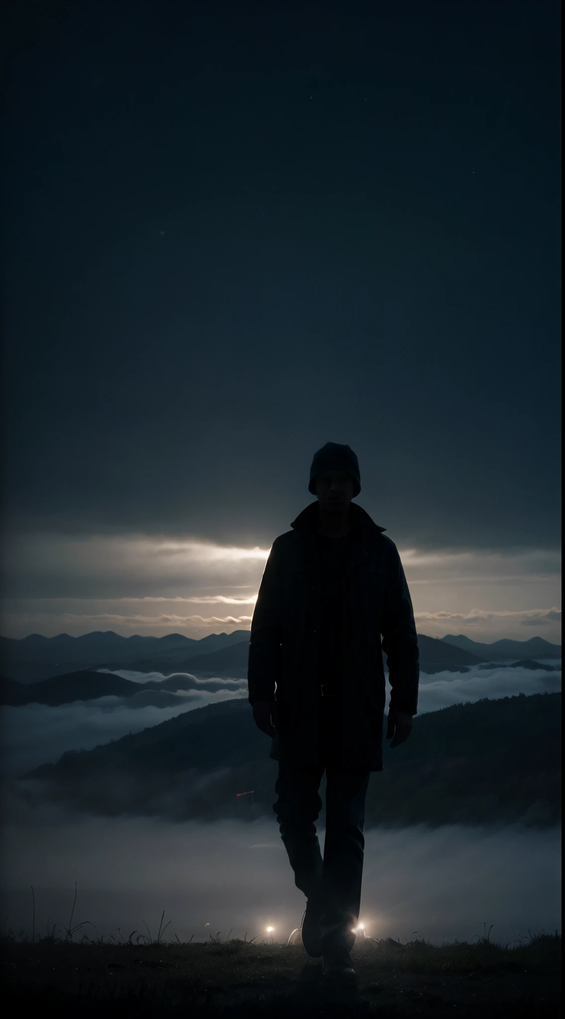 there is a man standing in the fog with trees in the background, a picture inspired by Gregory Crewdson, tumblr, conceptual art, mystical blue fog, blue fog, fog and starry skies, a still of an ethereal, sense of mystery and loneliness, low visibility creepy, eerie person silhouette, still from a music video, lonely atmosphere, foggy night sky, photorealistic, highly detailed, 4k, cinematic.