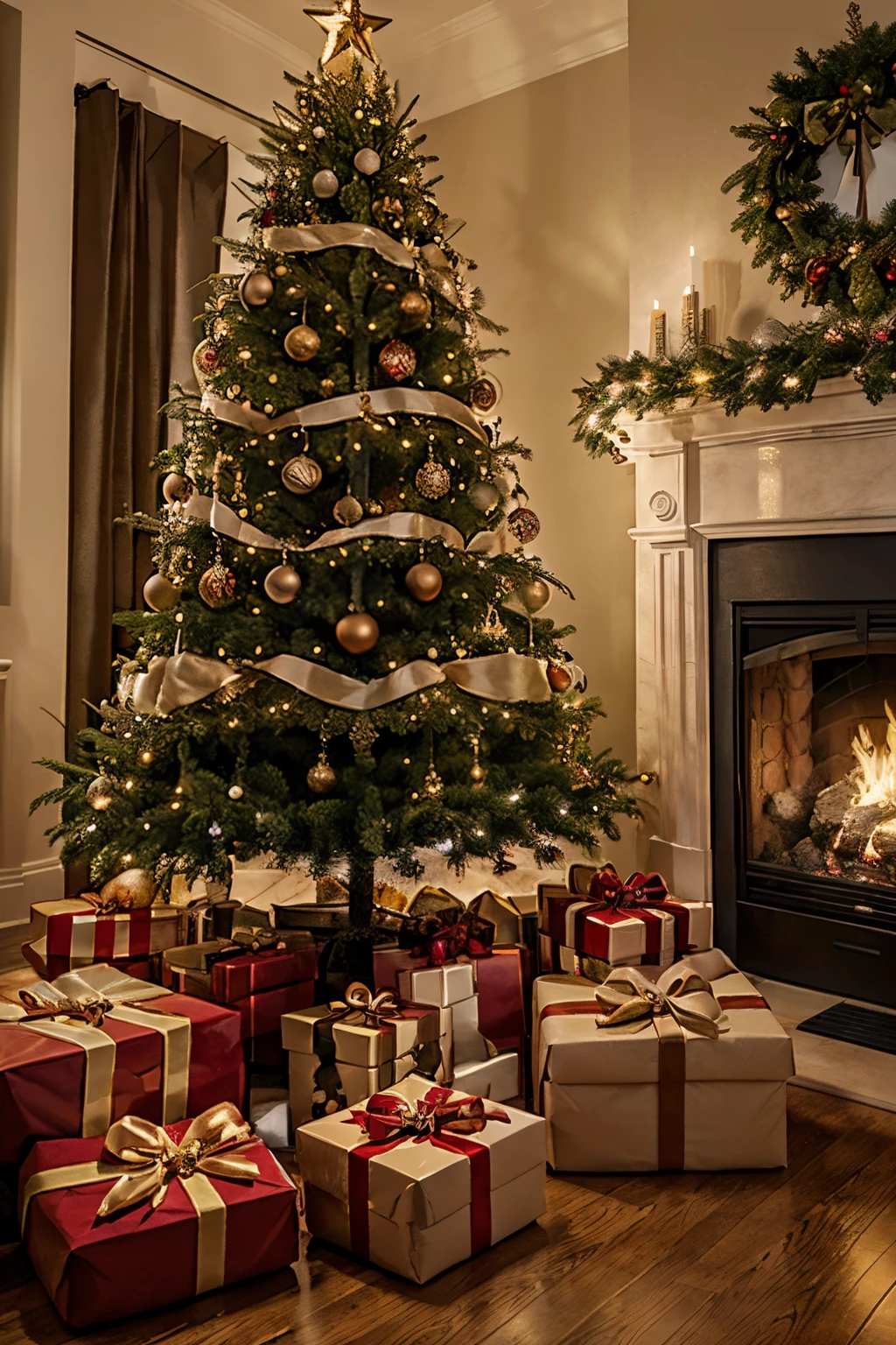 masterpiece, best_quality, christmas, christmas tree, presents, fire place, decorations, joyful, chirstmas tree with presents