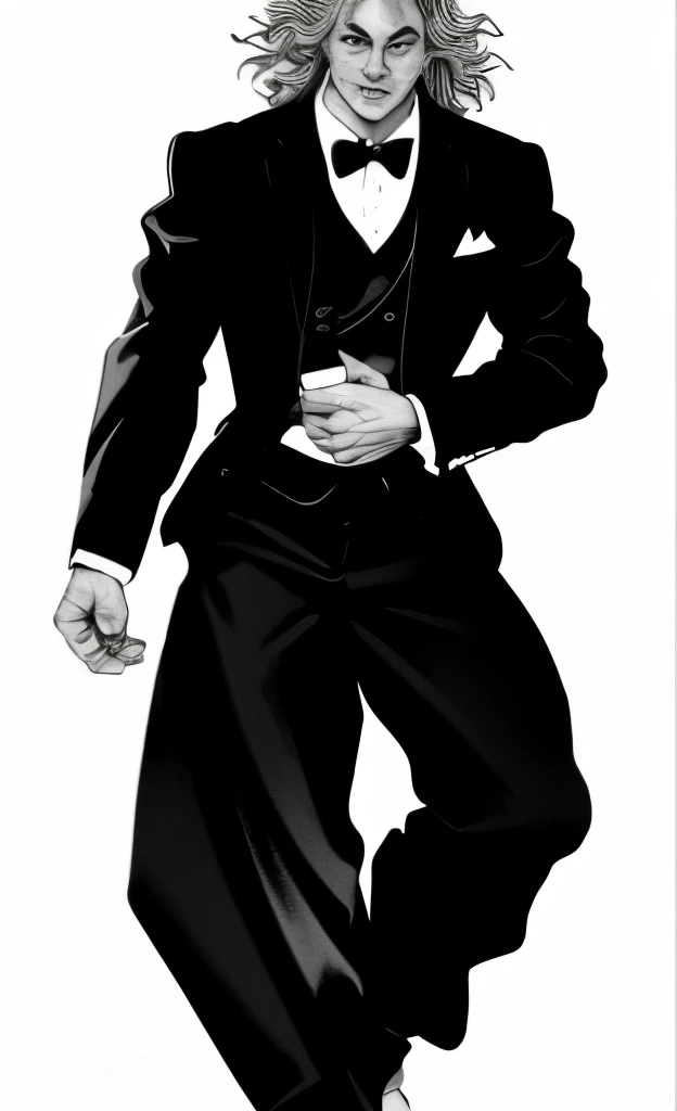 (best quality,highres,masterpiece:1.2),black and white, detailed,manga-style shading, full body, Yujiro Hanma in a suit and tie.