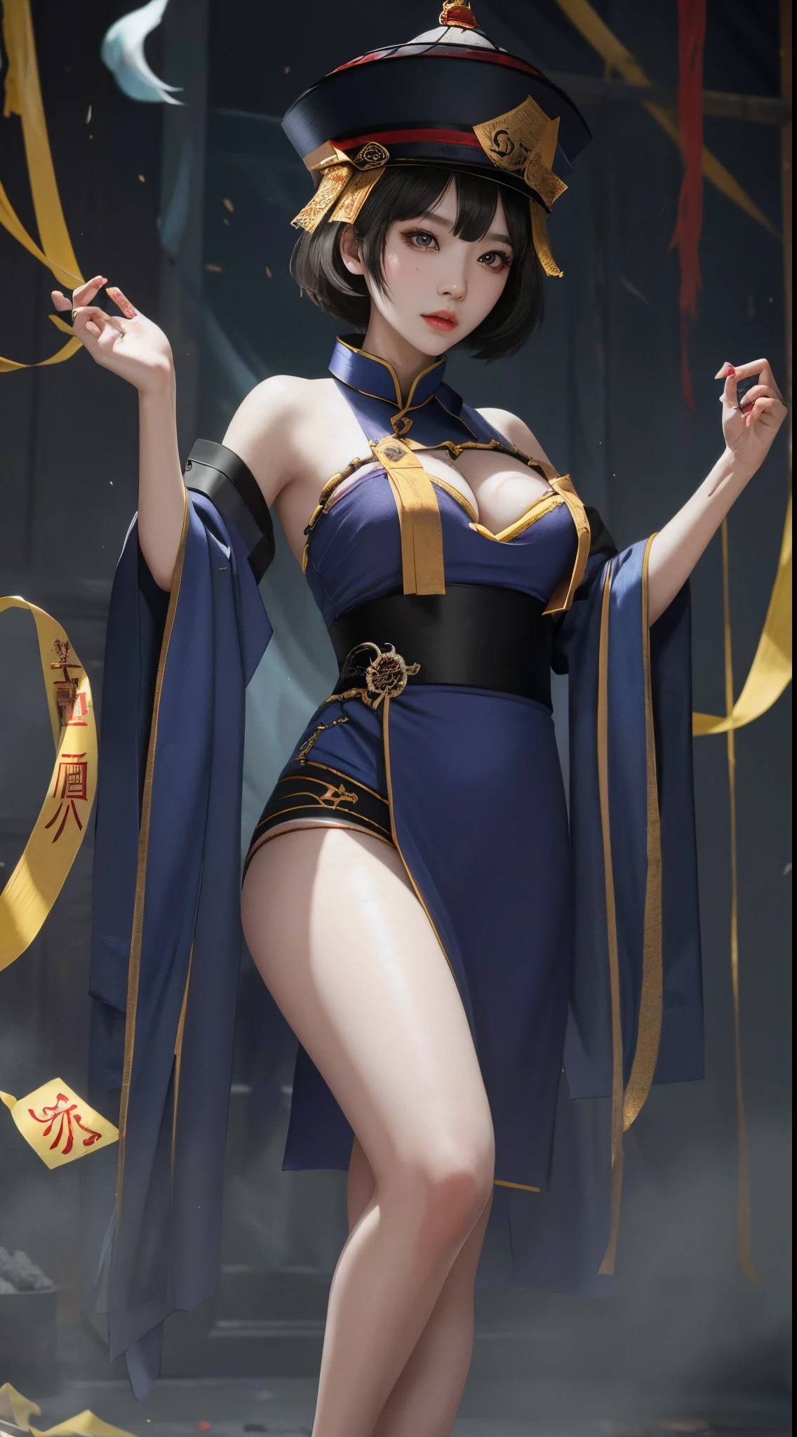 raw, tmasterpiece, ultra fine photos, Best quality at best, 超高分辨率, realistically, rays of moonlight,natta,a beauti,Short hair details,exquisite facial features,It's a perfect face,Bigchest,Bigchest,Huge cleavage,Lop,Yellow rune paper was pasted on his face,I have many amulets on me.,Qing dynasty official hat,Female zombie,Hong Kong zombie movie Lam Ching-ying'人物,pale-skinned,White skin of the,oilly skin,vampire tooth,stunningly beautiful, dynamicposes, delicated face, Abandoned warehouse background, untidy,, highdetailskin, Authentic skin details, lock focus, volumettic light, 8k ultra high definition, digital SLR camera, high high quality, filmgrain, photo-realism