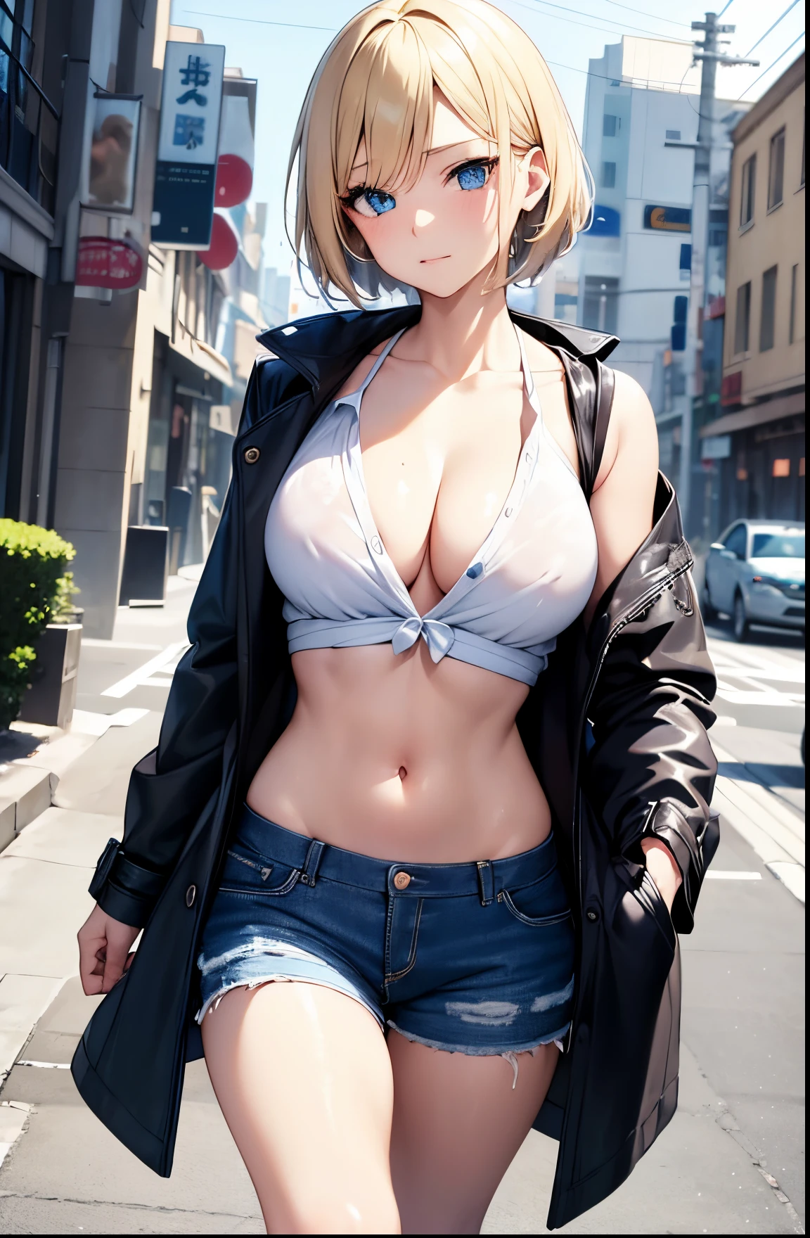 2D Anime Style、Blue eyes、Beautiful shining eyes, (Talented lo-fi:1.3),breasts are slightly larger、A cool adult woman with short blonde hair and a relaxed expression.....、Fashion that shows off your stomach, Wearing an unbuttoned white shirt,Leather shorts,Wearing a coat,walking down the streets of america,