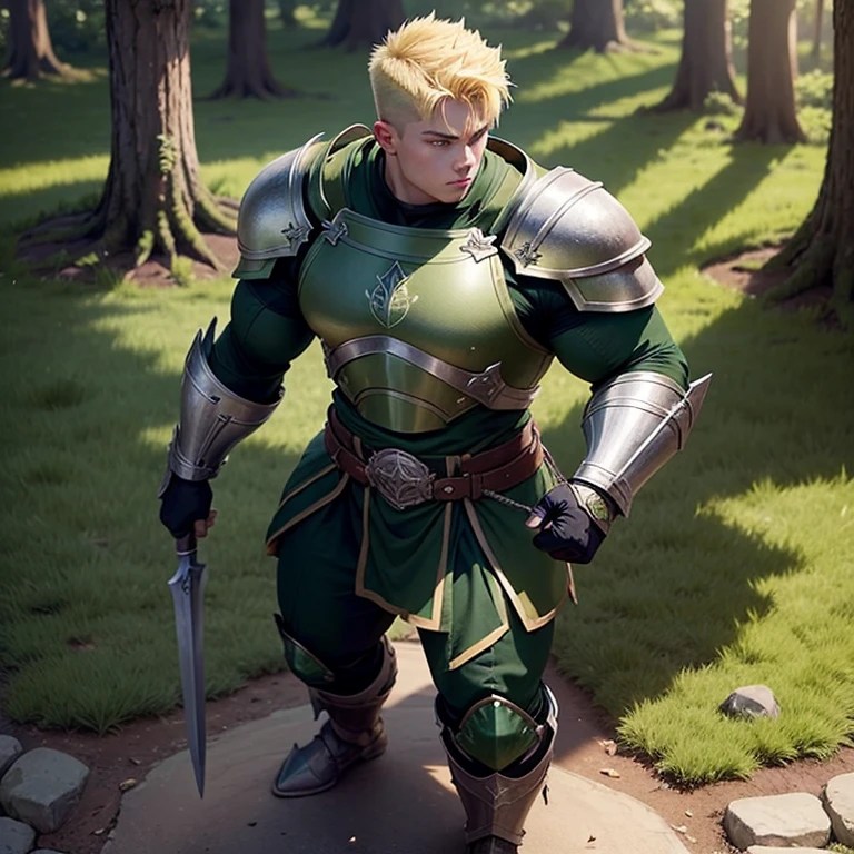 Full body picture, Very strong bulky teen warrior, wearing dark green tunic with some armor plates, blond hair with short taper haircut, gentle eyes, using green magic that creates plants and trees from the floor