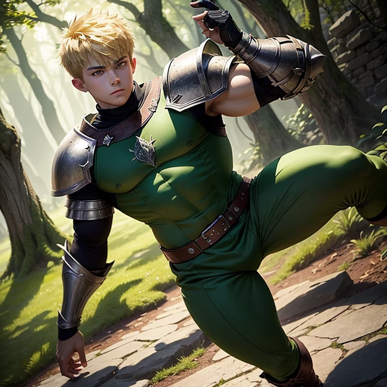 Full body picture, Very strong bulky warrior, wearing dark green tunic with some armor plates, blond hair with short taper haircut, gentle eyes, using green magic that creates plants and trees from the floor