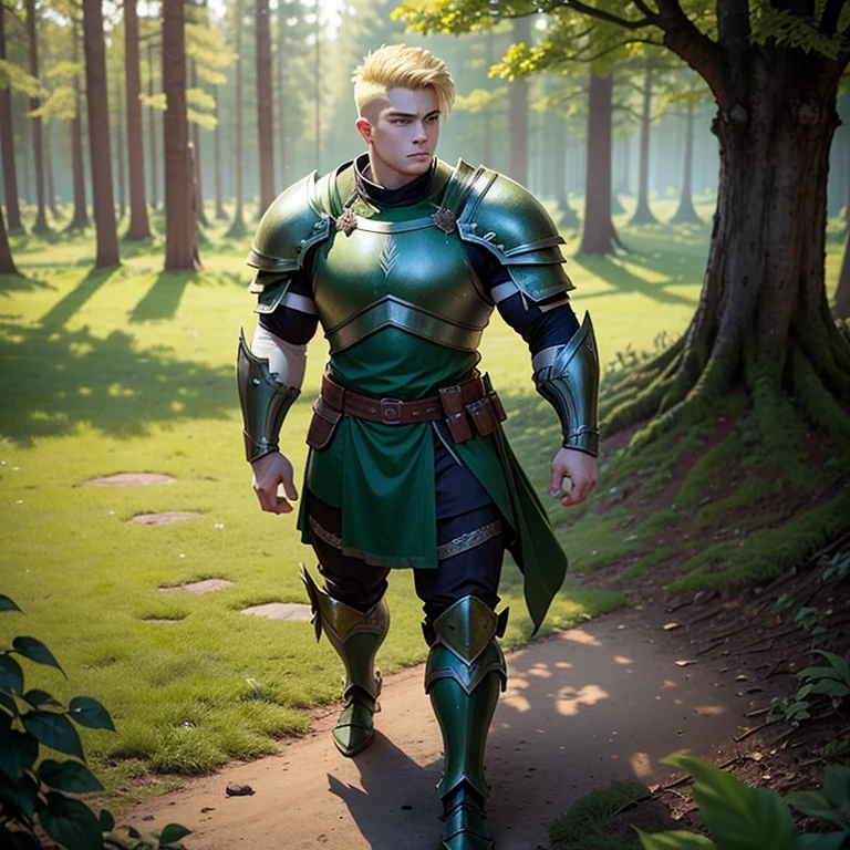 Full body picture, Very strong bulky teen warrior, wearing dark green tunic with some armor plates, blond hair with short taper haircut, gentle eyes, using green magic that creates plants and trees from the floor