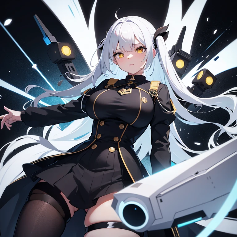 {siren_azur_lane} 1girl, white hair, tight black shirt, large breasts, large thighs, levitating, black rigging with laser cannons on her back, yellow eyes, smug, black background