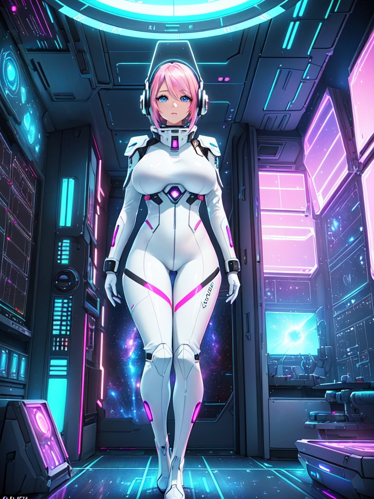 masterpiece:1.4, 1girl in ((20yr old, Wearing a futuristic white and silver costume, Tight Fit Bodysuit, long boots, Very gigantic-breasts, Multicolored pink hair, a short bob, Perfect model body, Blue eyes:1.2, Wearing headphones, Looking out the window of the futuristic sci-fi space station、While admiring the beautiful galaxy:1.2, SFSF control room on night background:1.1, Neon and energetic atmosphere:1.2)) ((Galaxy))