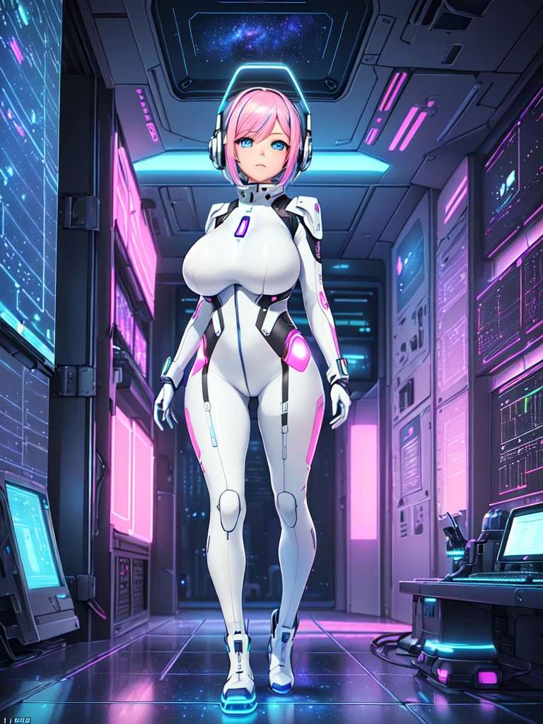masterpiece:1.4, 1girl in ((20yr old, Wearing a futuristic white and silver costume, Tight Fit Bodysuit, long boots, Very gigantic-breasts, Multicolored pink hair, a short bob, Perfect model body, Blue eyes:1.2, Wearing headphones, Looking out the window of the futuristic sci-fi space station、While admiring the beautiful galaxy:1.2, SFSF control room on night background:1.1, Neon and energetic atmosphere:1.2)) ((Galaxy))