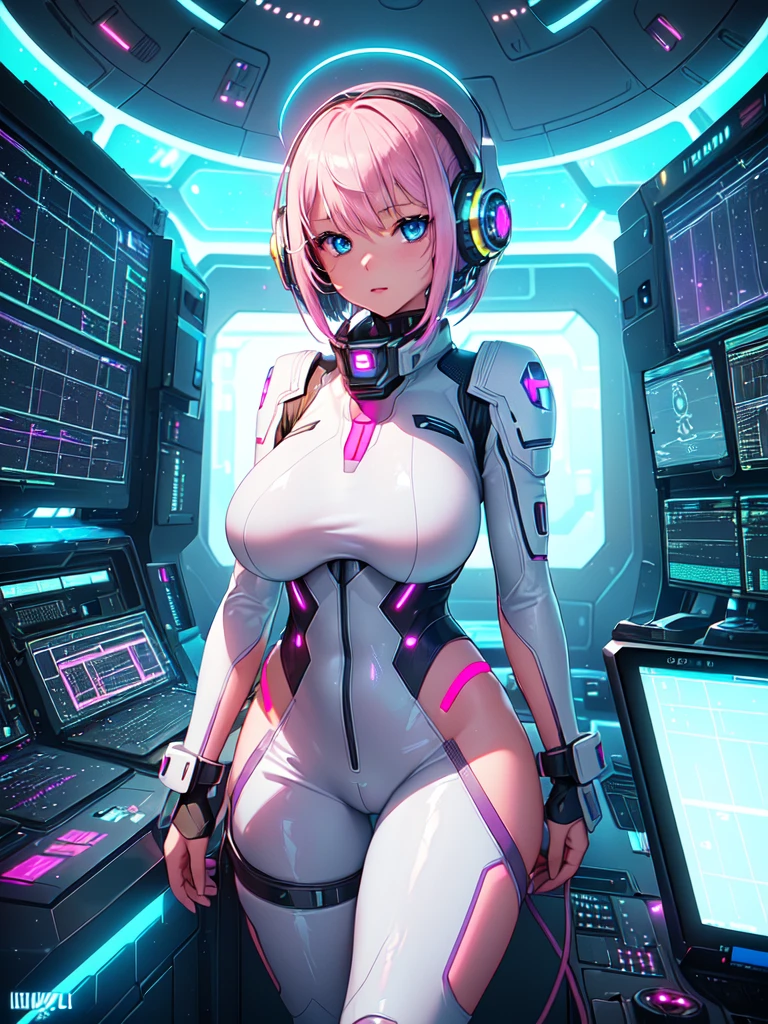 ​masterpiece:1.4, 1girl in ((20yr old, Wearing a futuristic white and silver costume, Tight Fit Bodysuit, long boots, Very gigantic-breasts, Multicolored pink hair, a short bob, Perfect model body, Blue eyes:1.2, Wearing headphones, Looking out the window of the futuristic sci-fi space station、While admiring the beautiful galaxy:1.2, SFSF control room on night background:1.1, Neon and energetic atmosphere:1.2)) ((Galaxy))