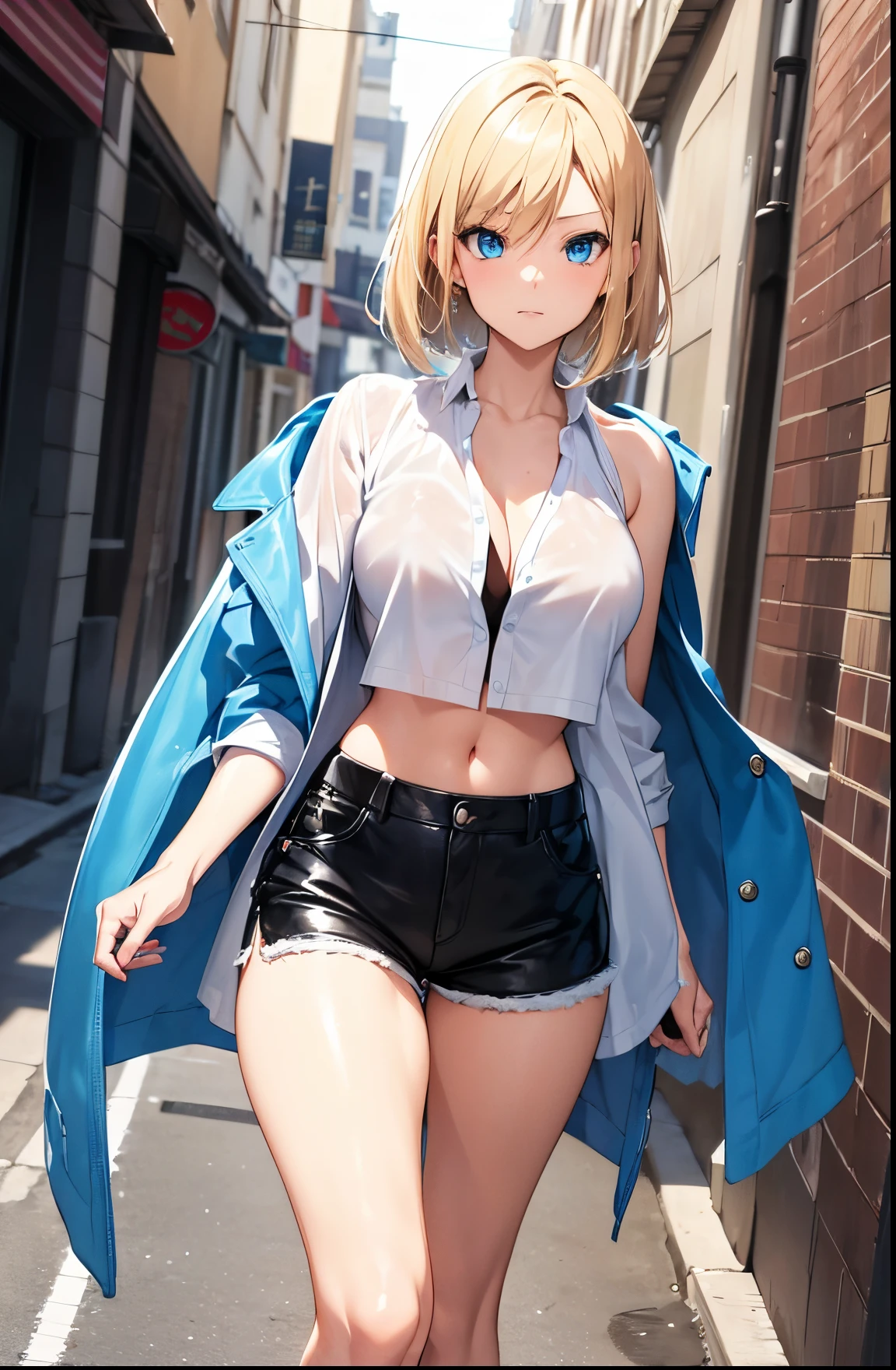 2D Anime Style、Blue eyes、Beautiful shining eyes,  (Talented lo-fi:1.3),breasts are slightly larger、A cool adult woman with short blonde hair and a relaxed expression.....、Fashion that shows off your stomach, Wearing an unbuttoned white shirt and leather shorts,Wearing a long coat,walking down the streets of america,