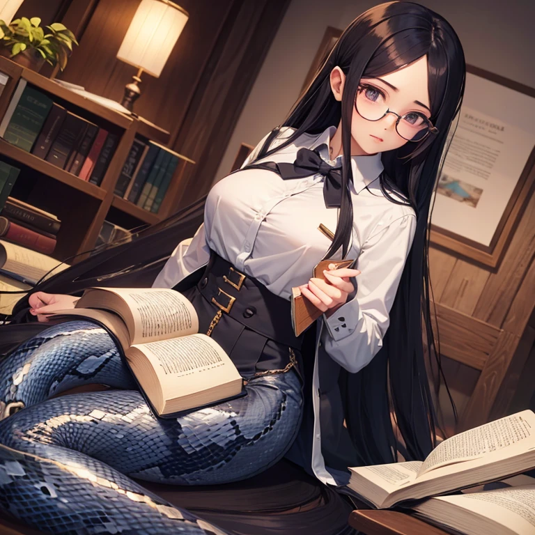 Lamia woman, snake tail, thick glasses, long black hair, holding a book, uniform
