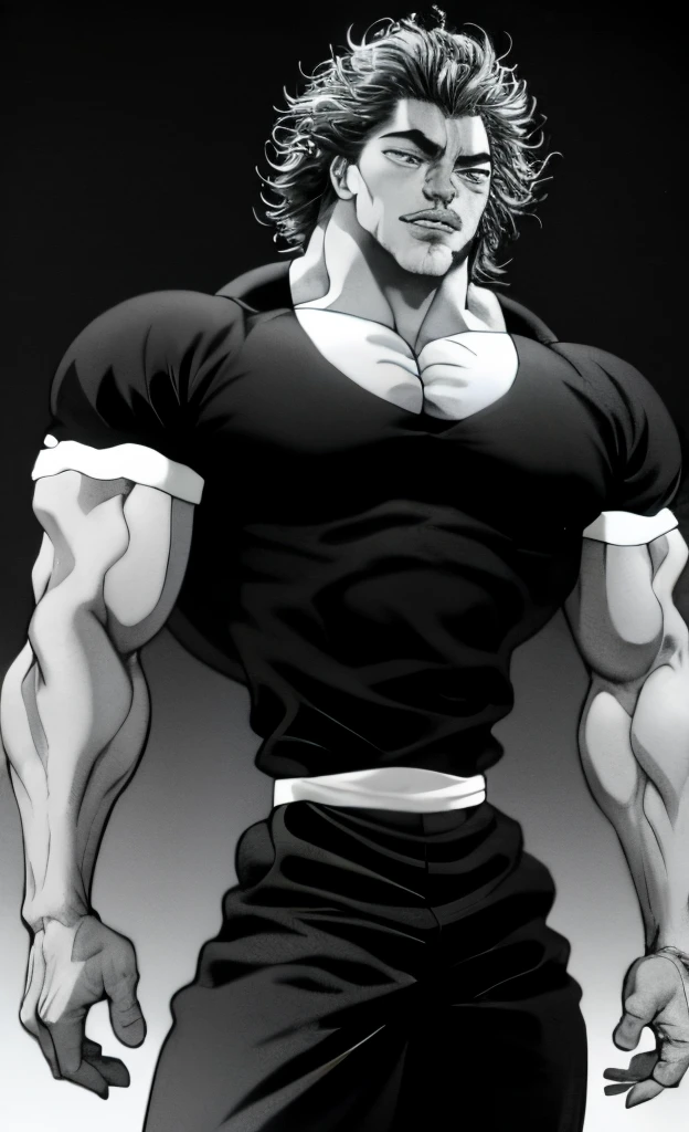 Baki hanma, anime, musculoso com camisa apertada, cabelos pretos, caidos, pinta ao lado da boca, Baki, Hanma, manga, hd, altos detalhes, preto e branco, 2d, musculoso, camisa justa, baggy pants, manga