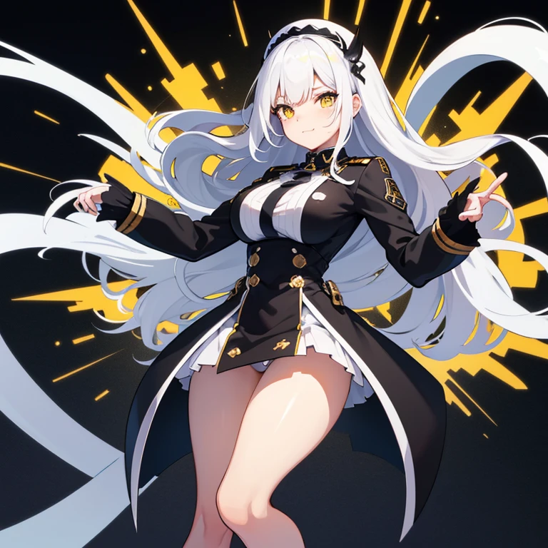 {siren_azur_lane} 1girl, white hair, tight black shirt, large breasts, large thighs, levitating, black rigging with cannons on her back, yellow eyes, smug, black background