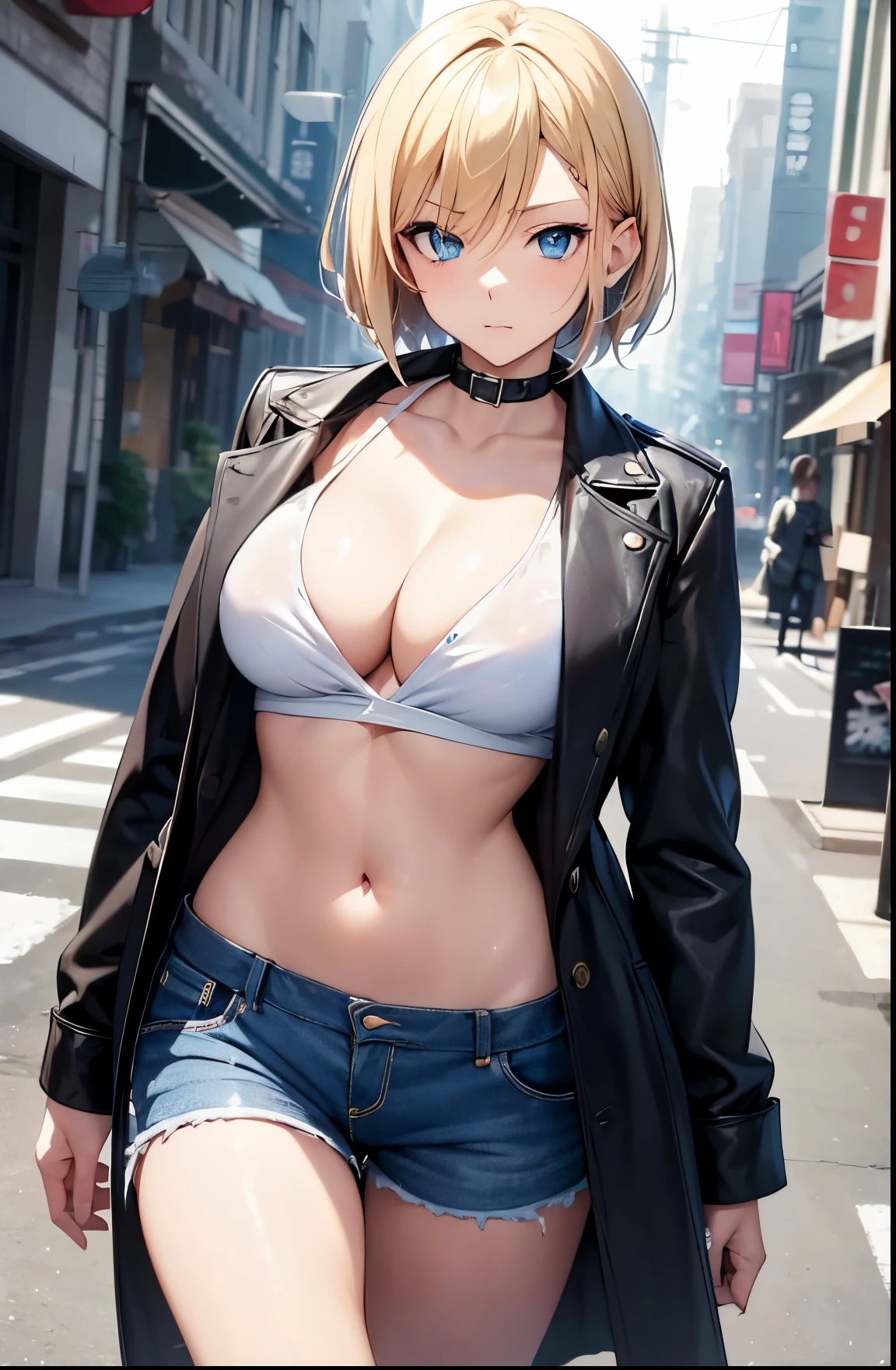 2D Anime Style、Blue eyes、Beautiful shining eyes, (Talented lo-fi:1.3),breasts are slightly larger、A cool adult woman with short blonde hair and a sharp expression......、Fashion that shows off your stomach, He is wearing an unbuttoned white shirt and leather shorts.,wearing a long coat,walking down the streets of america,