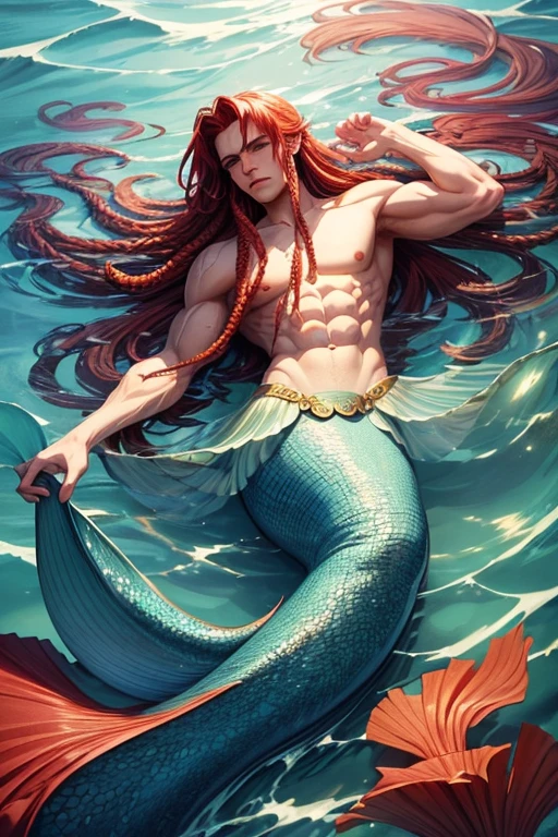 best quality ,masterpiece, illustration, an extremely delicate and beautiful, extremely detailed, ((ocean)), 1guy, (((half body))), red_hair, dreadlocks, muscular, Mermaid, Mermaid tail, hazel eyes, no legs