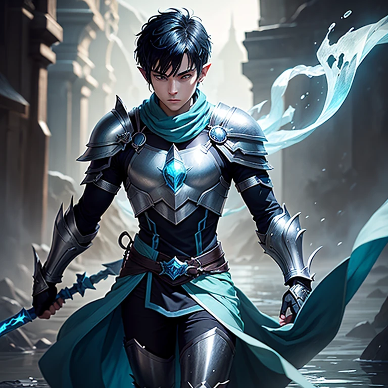 Male teen warrior, pointy ears, short black hair, green eyes, wearing pale blue mint tunic, with silver armor plated on shoulders and forearms, dark blue scarf that's flows upward and turns into water, very dark blue pants, very dark blue sleeves, silver armored boots, Using magic water