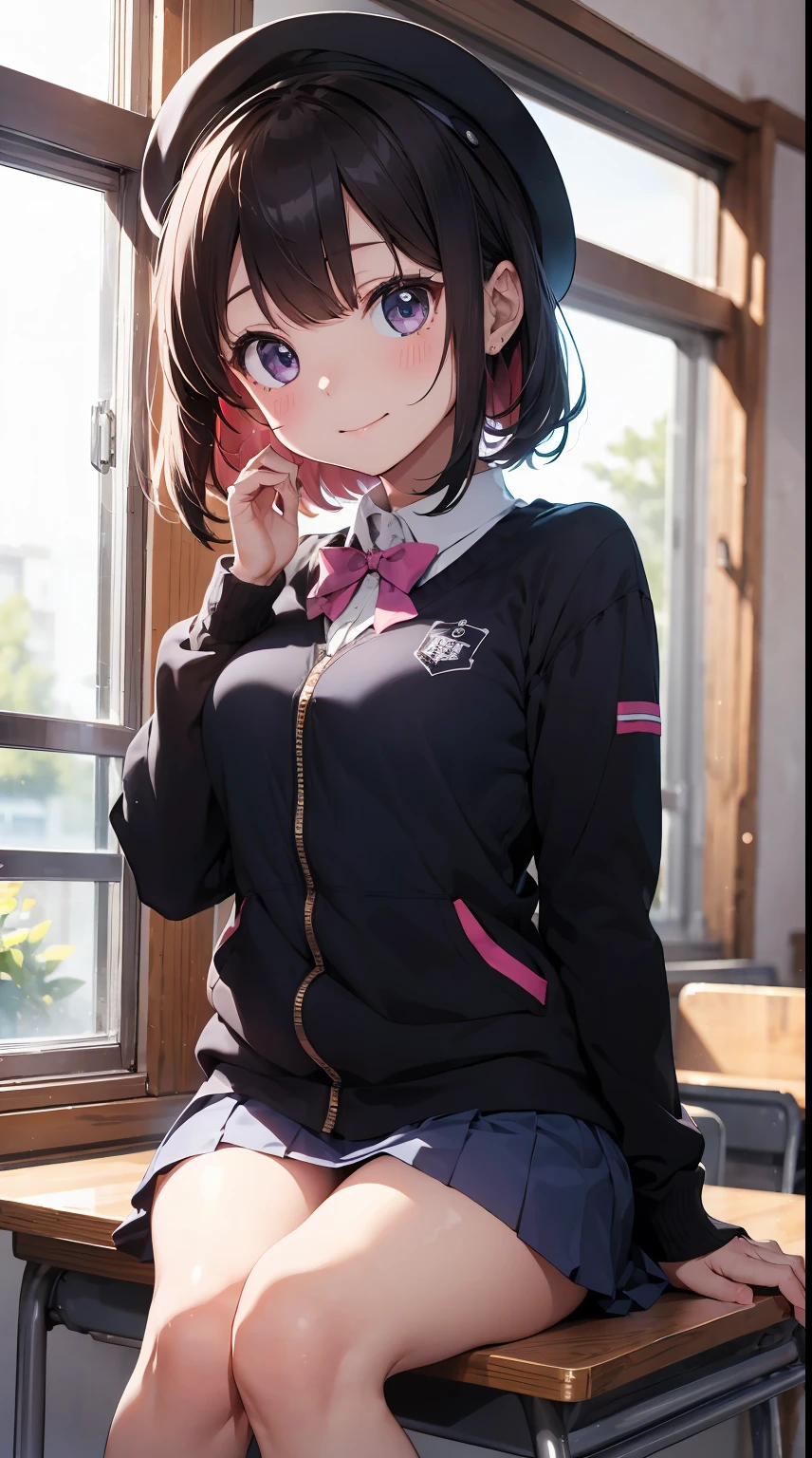 Masterpiece to the smallest detail、top-quality、1girl in、独奏、Looks like a 5--old、cm petite beautiful girl、small tits、5 year olirs、Gradient Bob Forward、Pink and purple mesh、tall, Big eyes、Outstanding looks、A lovely child、proximity、Closed_Mo smile、red blush、full of shyness、blue headwear、Hats、pink bowtie、校服、 Blue jacket、jaket、skirt by the、Gray skirt shirt、white shirt、an legs、Black socks、sitting on、Classroom、hair_ornament detached、up looking_で_viewer、beatiful detailed eyes、Akame、panties on、lift up one's skirt、Professional effects、