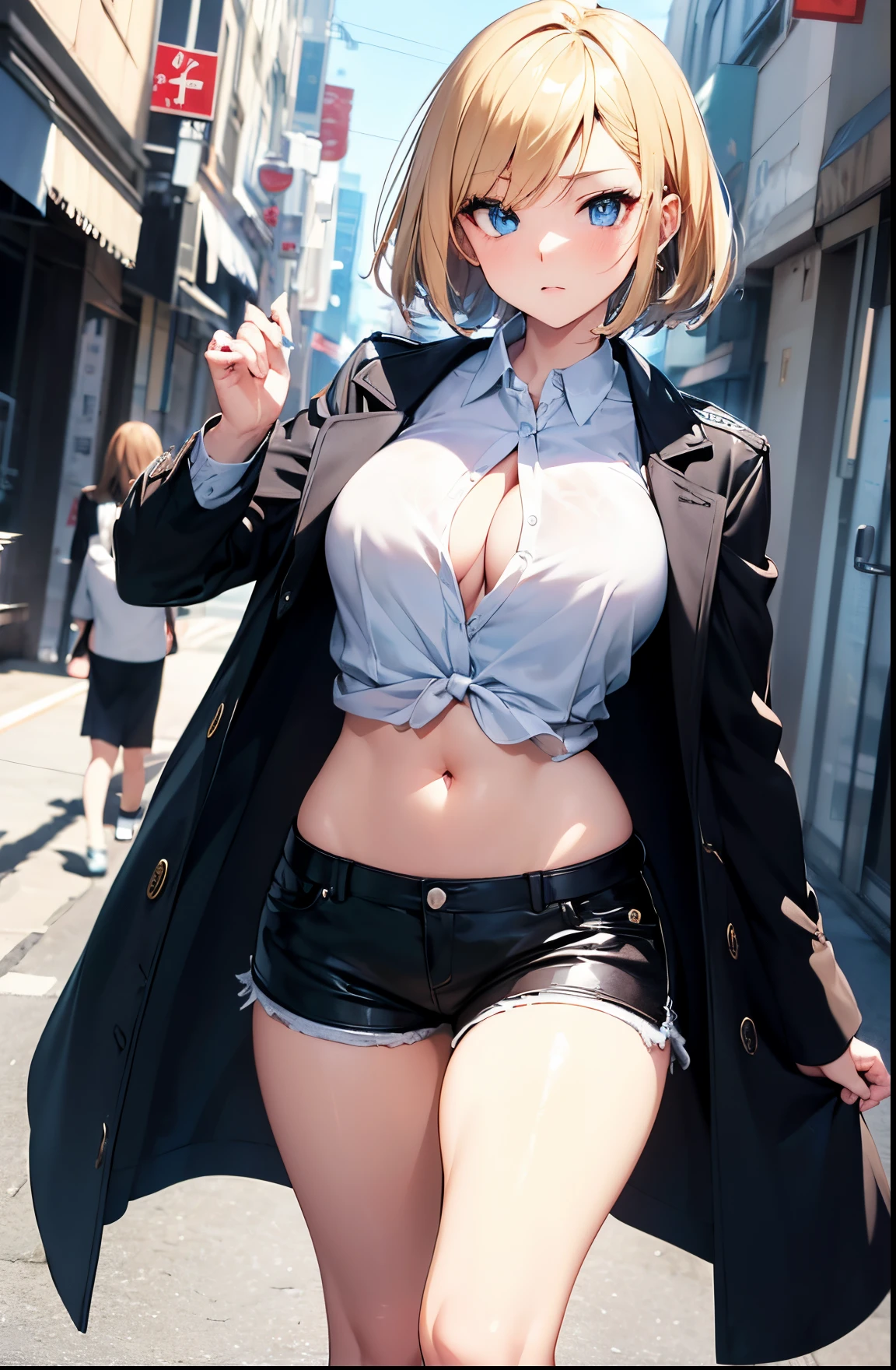 2D Anime Style、Blue eyes、Beautiful shining eyes,  (Talented lo-fi:1.3),breasts are slightly larger、A cool adult woman with short blonde hair and a sharp expression........、Fashion that shows off your stomach, He is wearing an unbuttoned white shirt and leather shorts.,wearing a long black coat,walking down the streets of america,