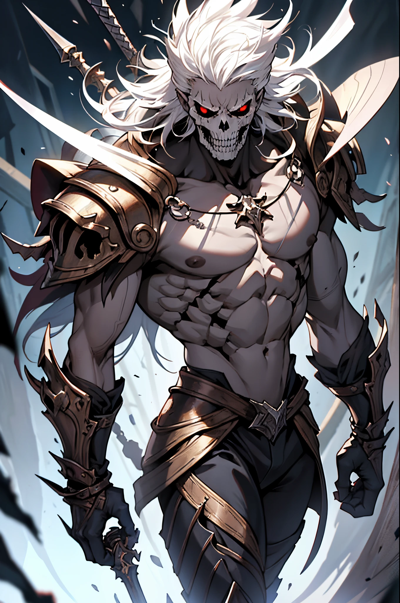Create me a cool skeleton warrior to play DnD. It has to be scary and powerful, With Bone Armor and Weapons, that look like shards of death. Let his black eye sockets radiate menace., And his bony fingers hold the instrument of death. Let his footsteps be heard, Like the creaking of bones, and his presence terrifies the hearts of his enemies. Give it a name, which reflects his ruthless nature and unyielding will to win.