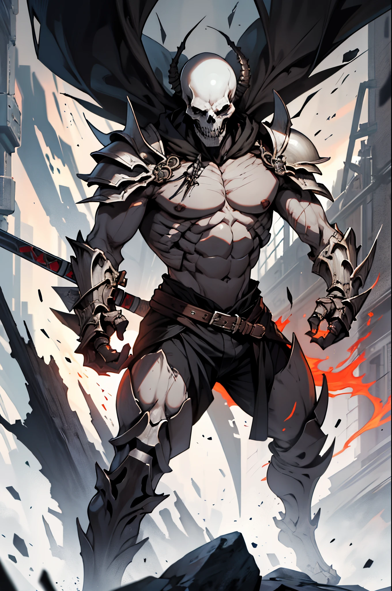 Create me a cool skeleton warrior to play DnD. It has to be scary and powerful, With Bone Armor and Weapons, that look like shards of death. Let his black eye sockets radiate menace., And his bony fingers hold the instrument of death. Let his footsteps be heard, Like the creaking of bones, and his presence terrifies the hearts of his enemies. Give it a name, which reflects his ruthless nature and unyielding will to win.