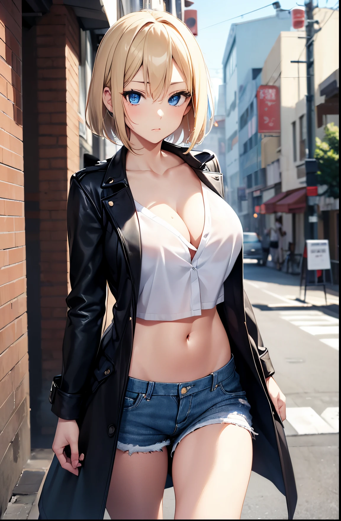 2D Anime Style、Blue eyes、Beautiful shining eyes,  (Talented lo-fi:1.3),breasts are slightly larger、High and beautiful nose,A cool adult woman with short blonde hair and a sharp expression.........、Fashion that shows off your stomach, He is wearing an unbuttoned white shirt and leather shorts.,Wearing a long black coat,walking down the streets of america,