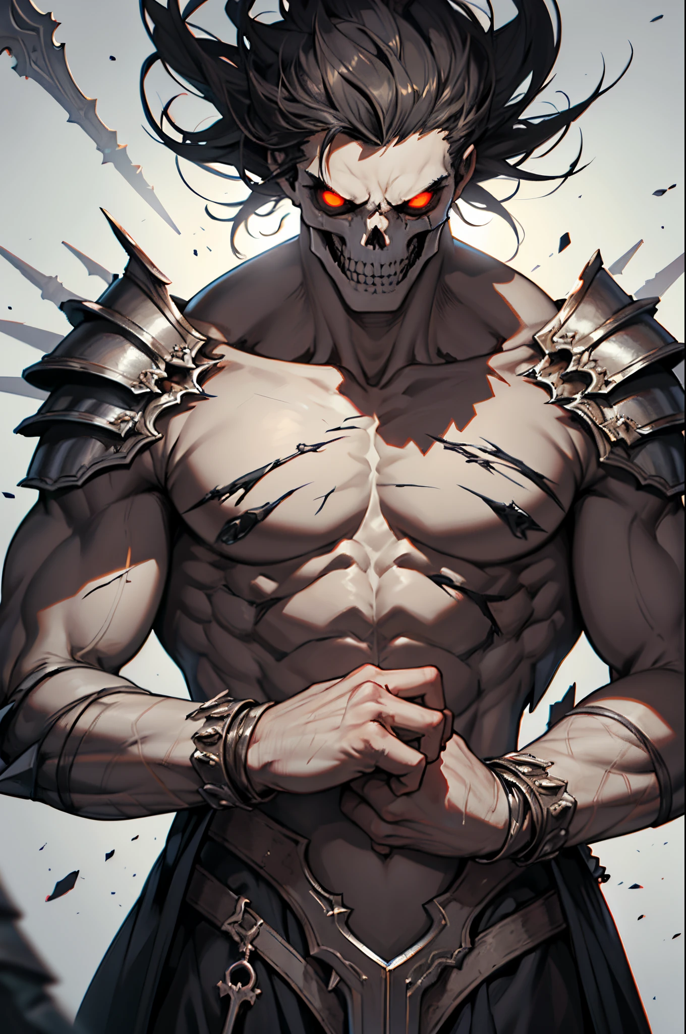 Absurd, high resolution, super detailed, official art, unified 8k wallpaper, super detailed, beautiful and aesthetic, Obra-prima, best quality, short white hair, dark skin, horns on the head, handsome boy, skull face, chest muscles, abs, tattoos, flame, glowing red eyes